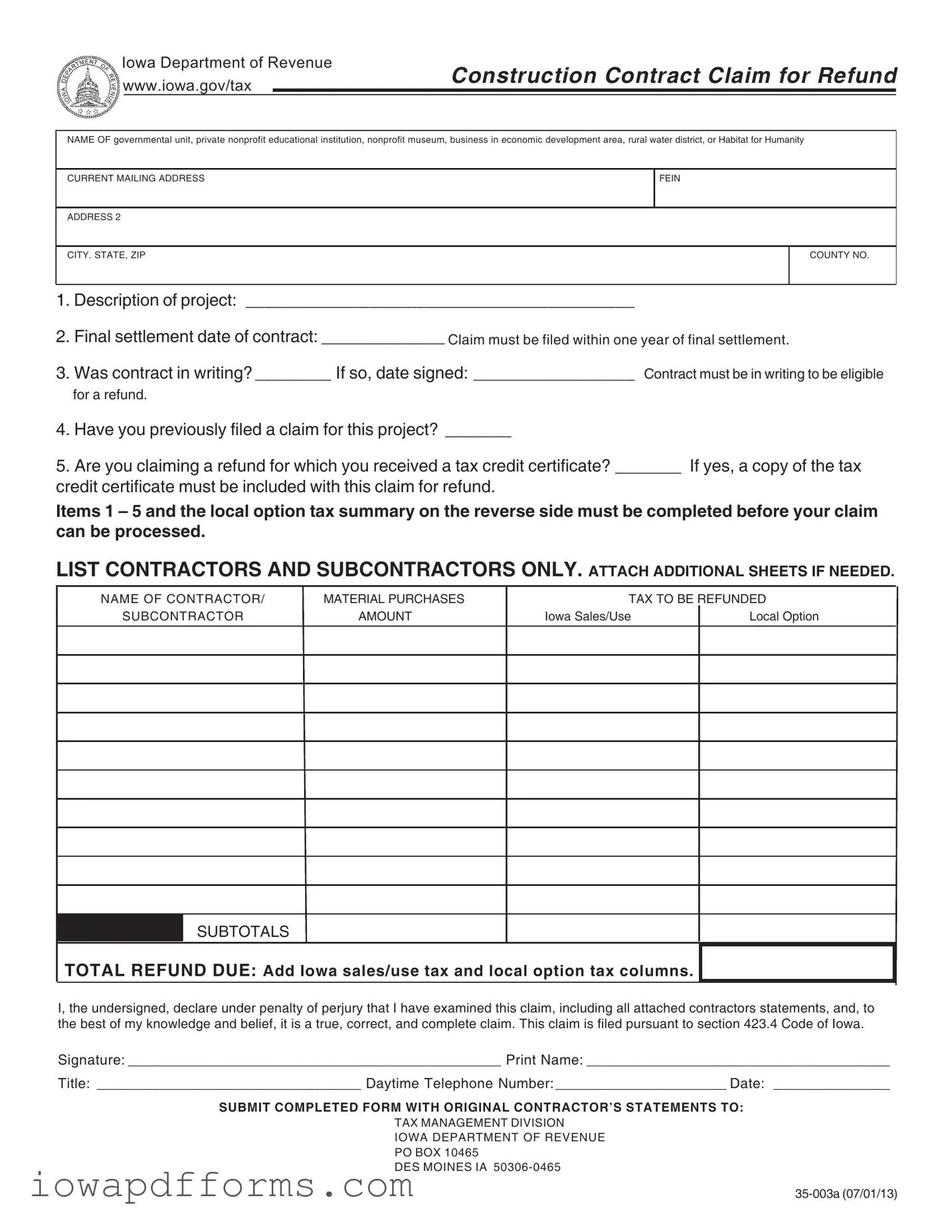 Fill in Your Iowa 35 003A Template