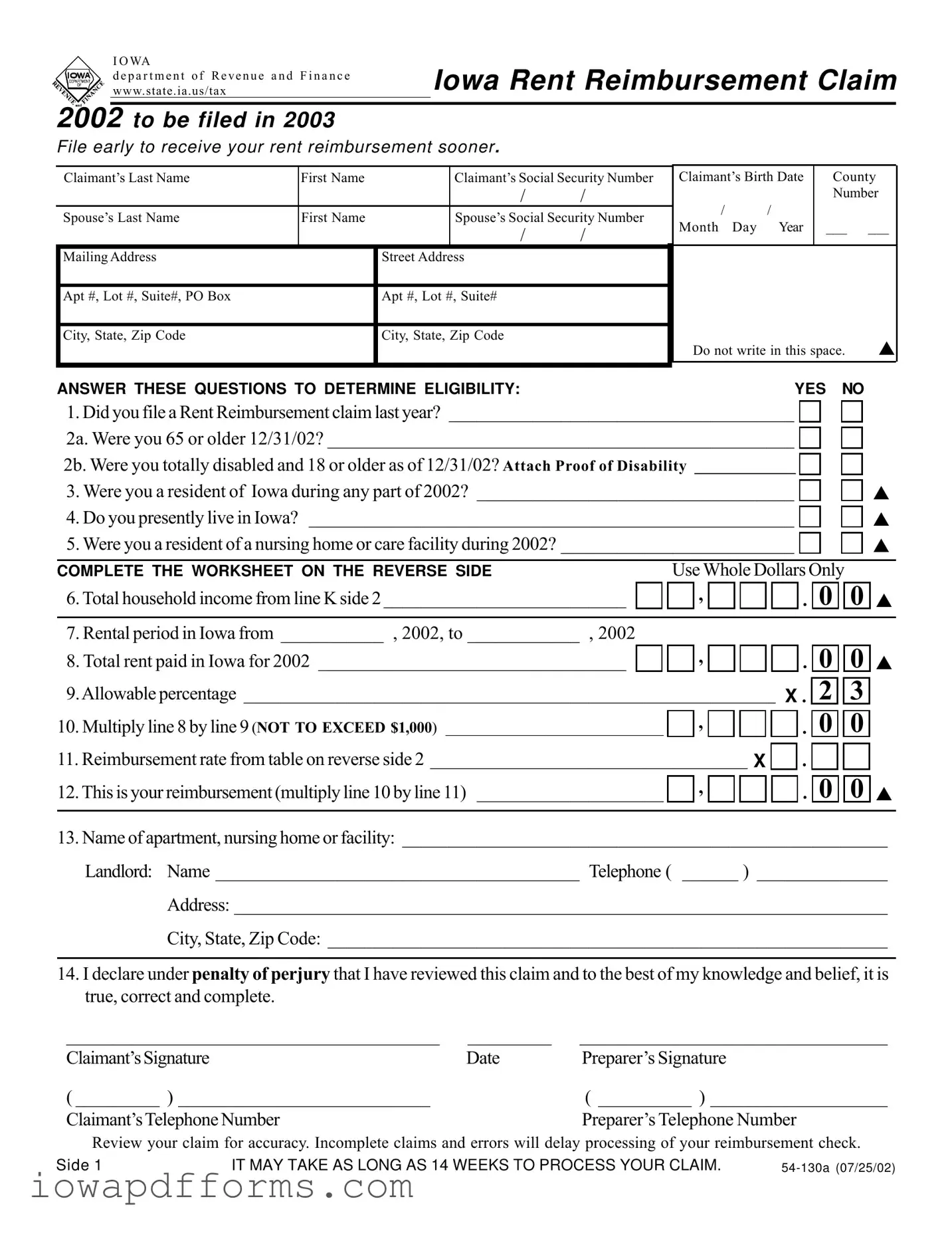 Fill in Your Iowa 54 130A Template