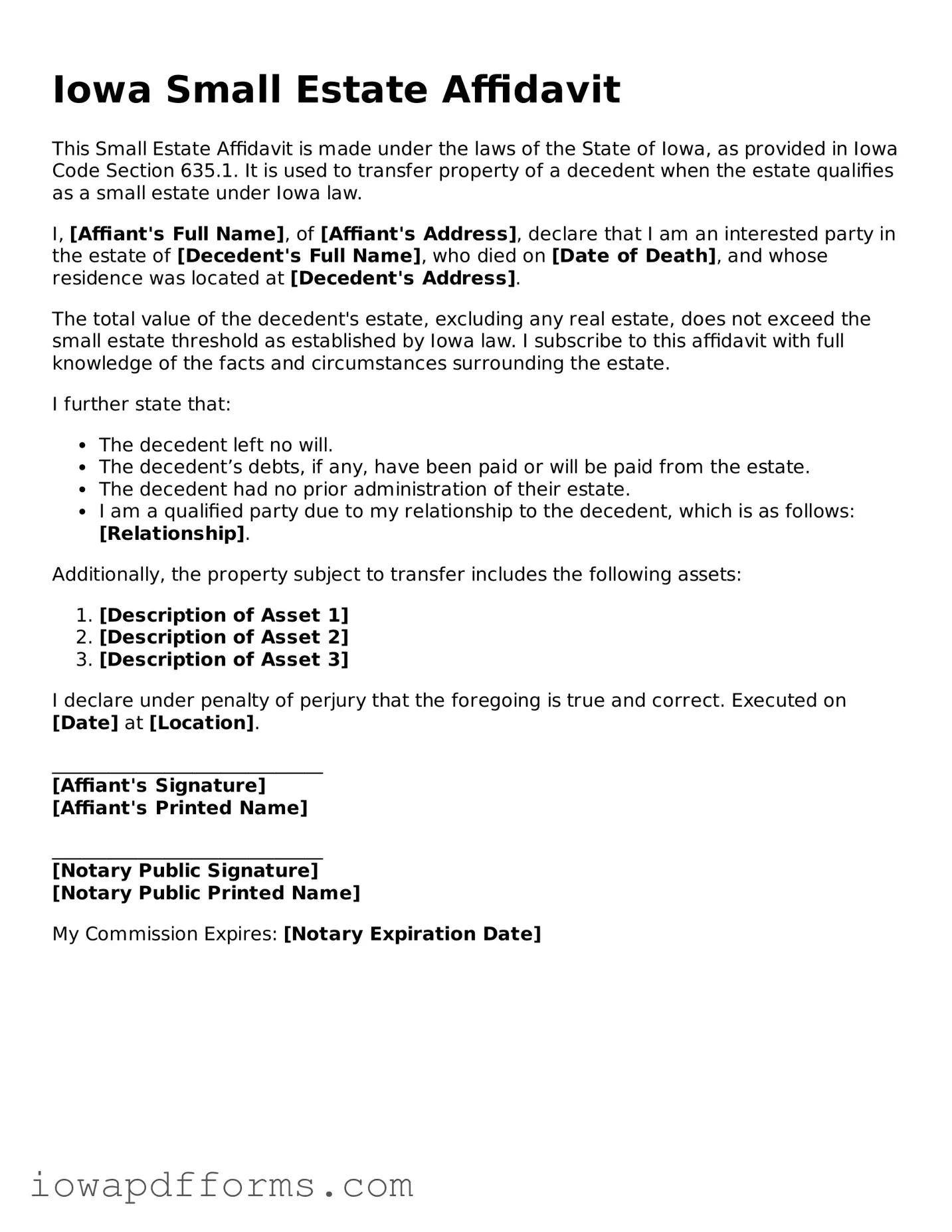 Blank Small Estate Affidavit Form for the State of Iowa