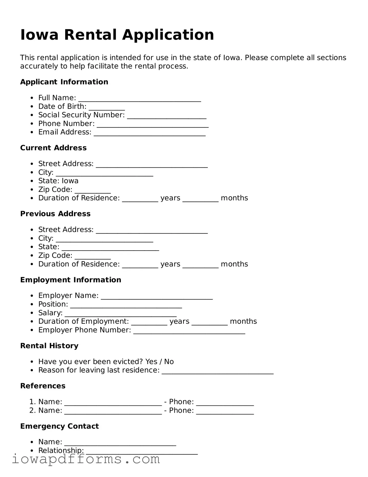 Blank Rental Application Form for the State of Iowa