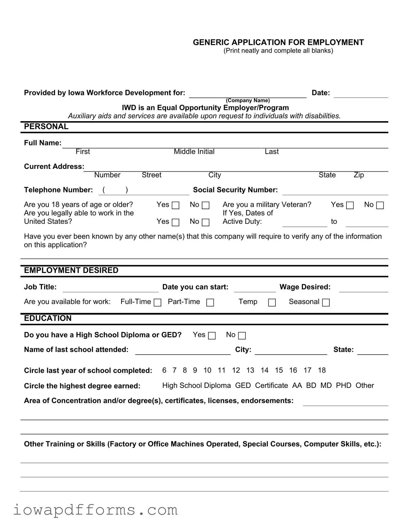 Fill in Your Iowa Application Employment Template