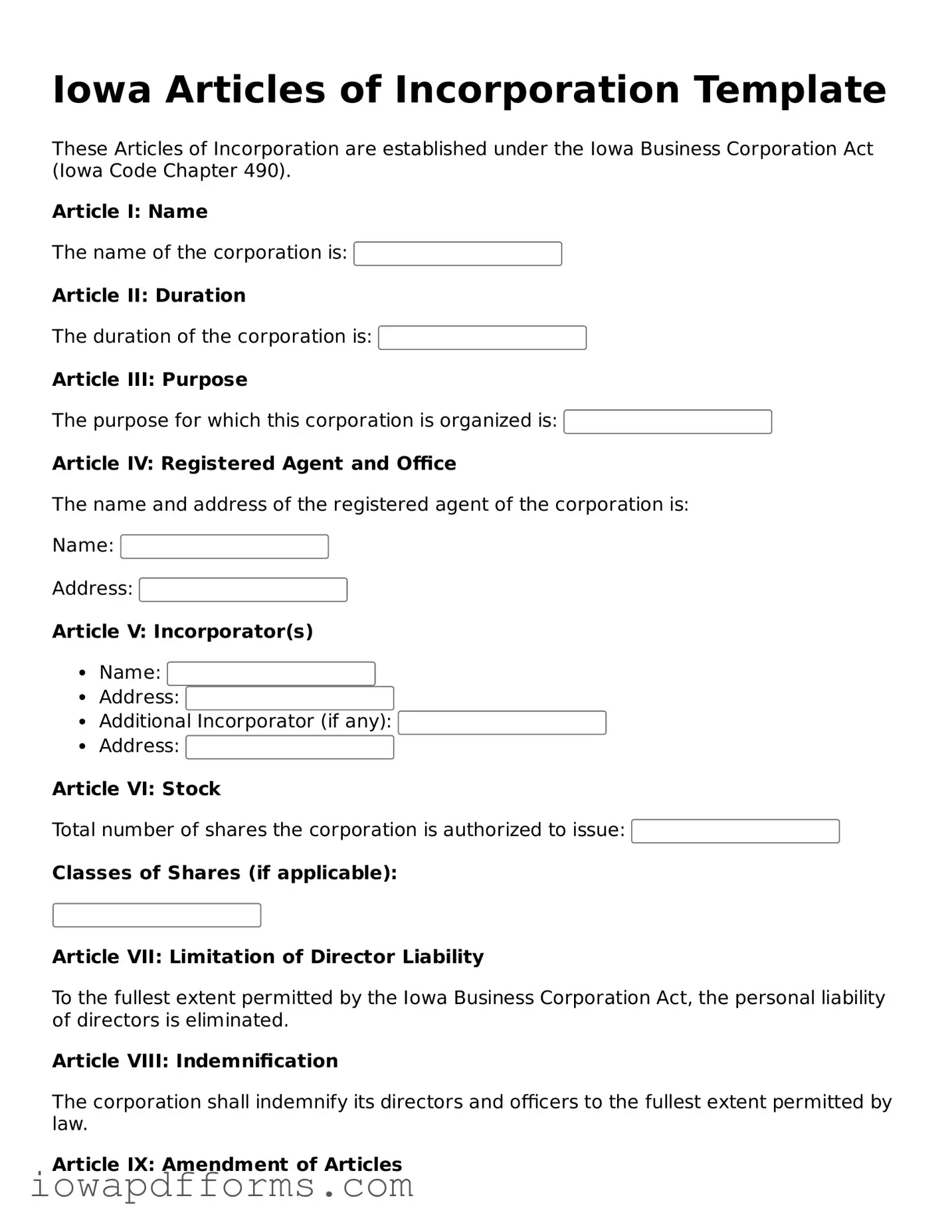 Blank Articles of Incorporation Form for the State of Iowa