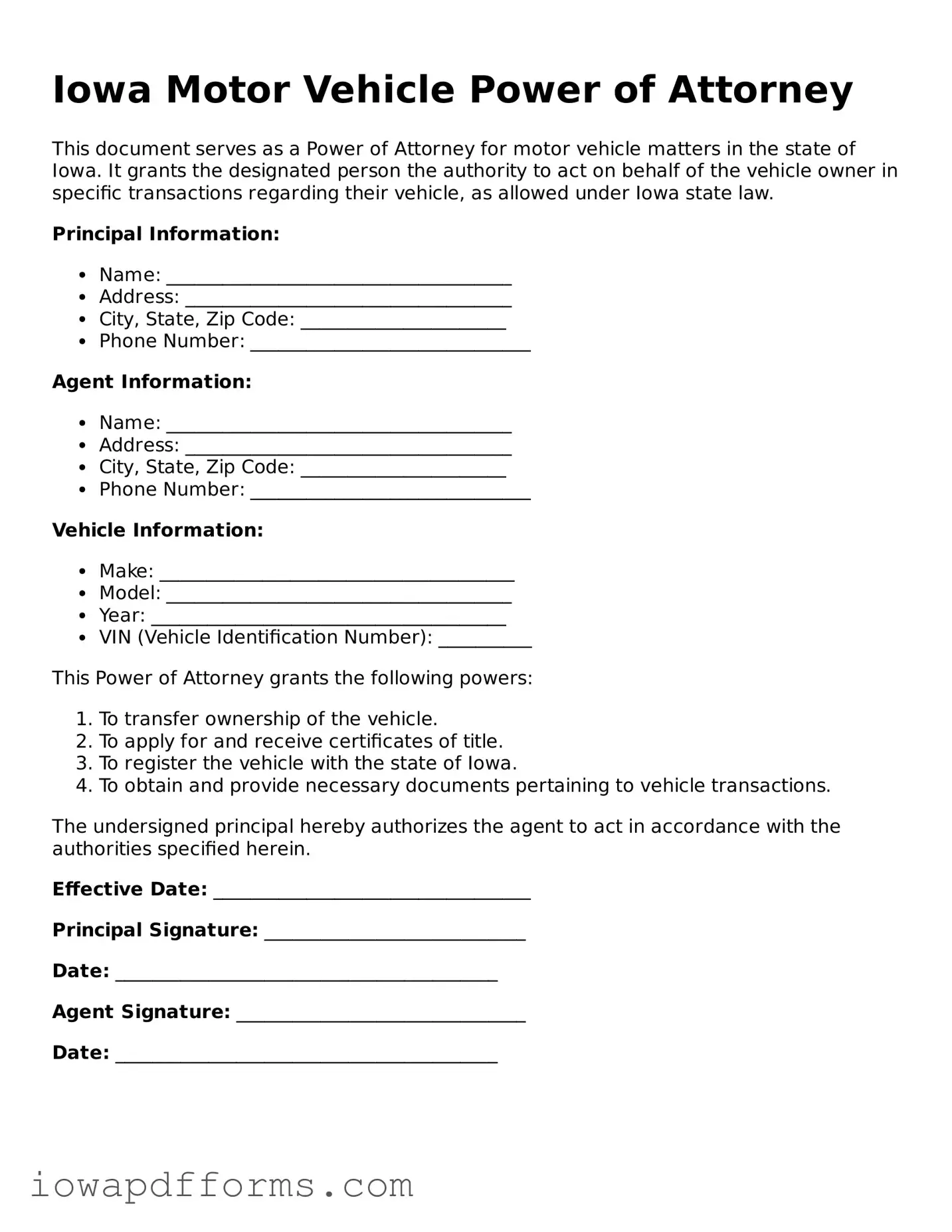 Blank Motor Vehicle Power of Attorney Form for the State of Iowa