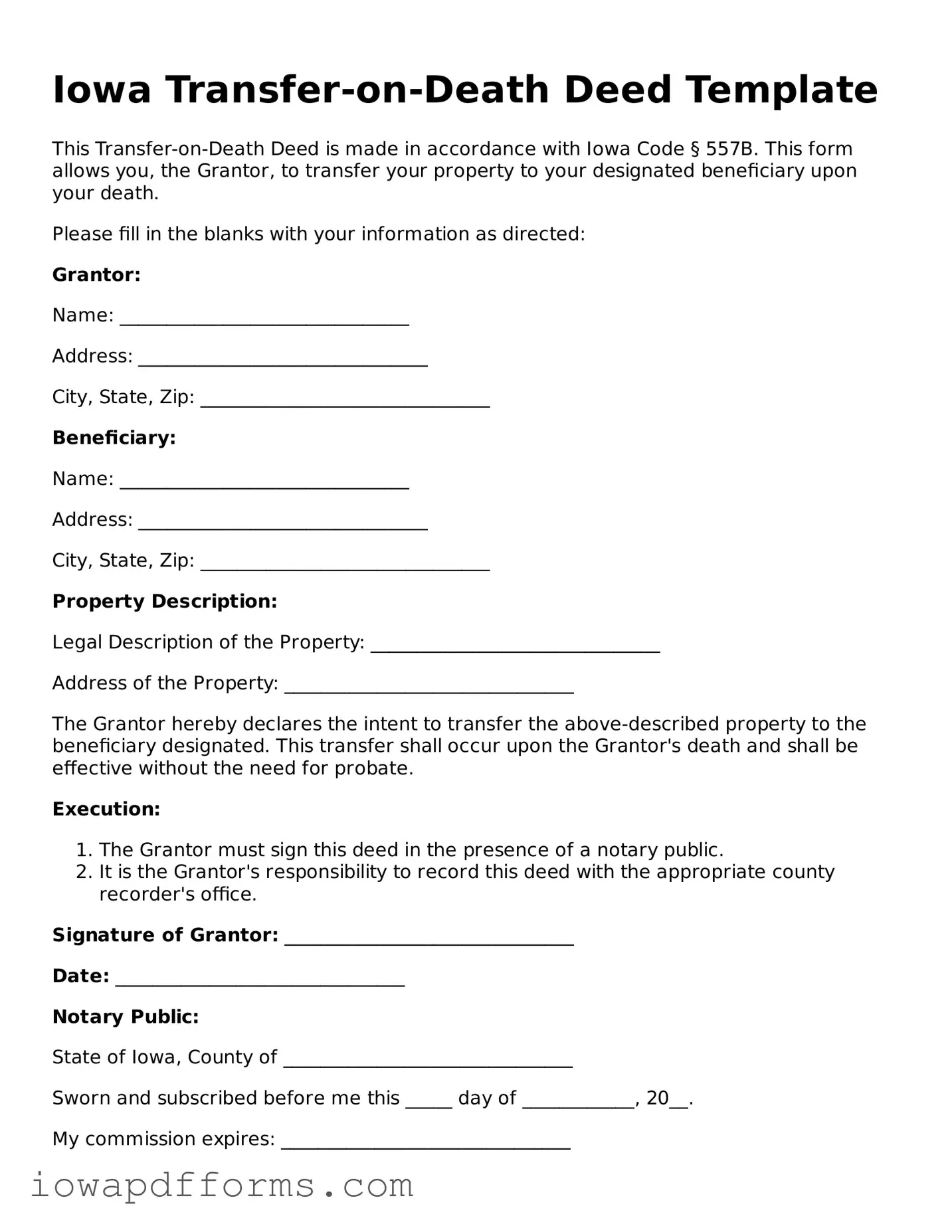 Blank Transfer-on-Death Deed Form for the State of Iowa