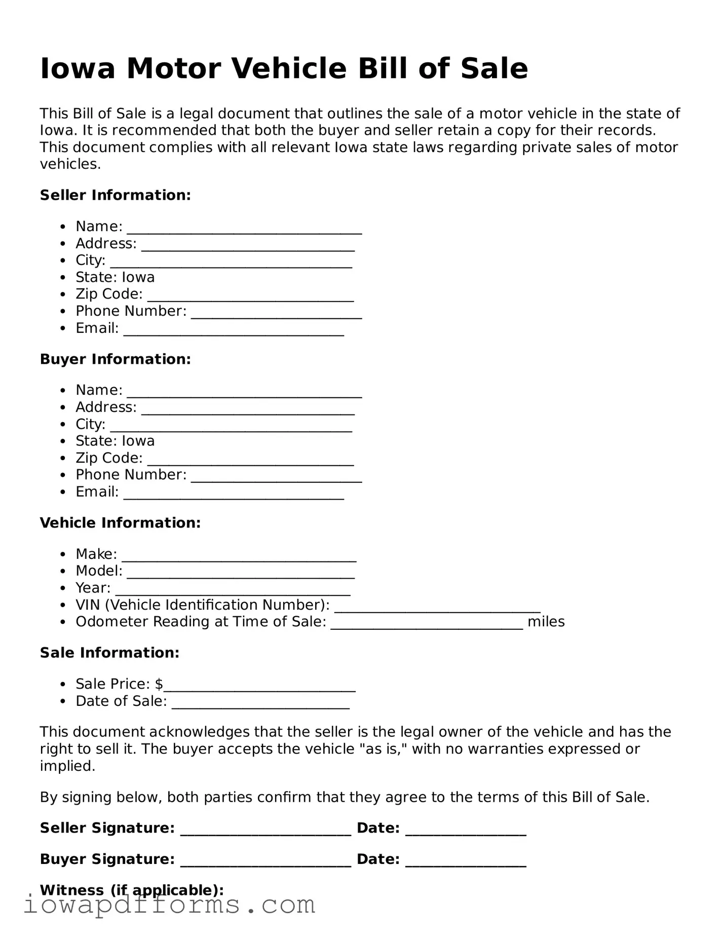 Blank Motor Vehicle Bill of Sale Form for the State of Iowa