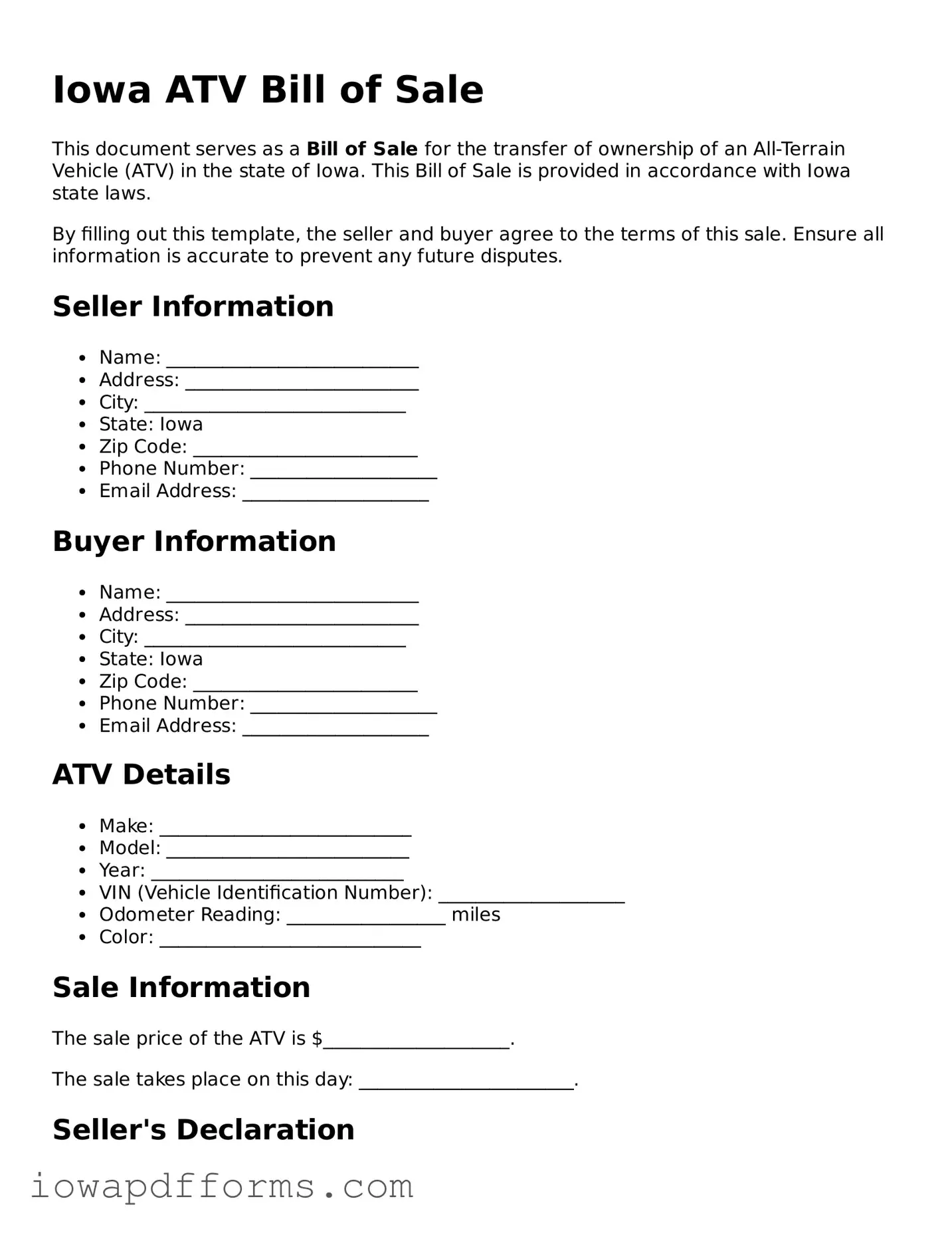 Blank ATV Bill of Sale Form for the State of Iowa