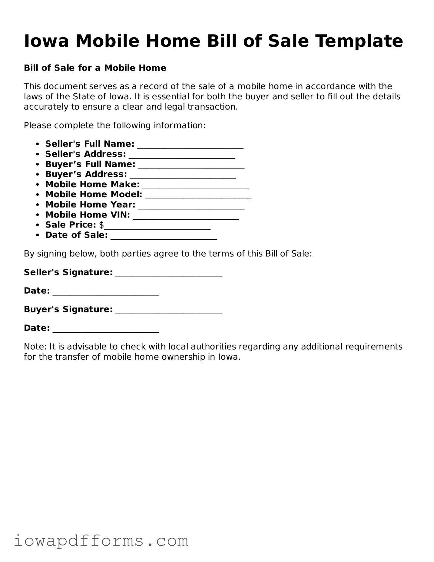 Blank Mobile Home Bill of Sale Form for the State of Iowa
