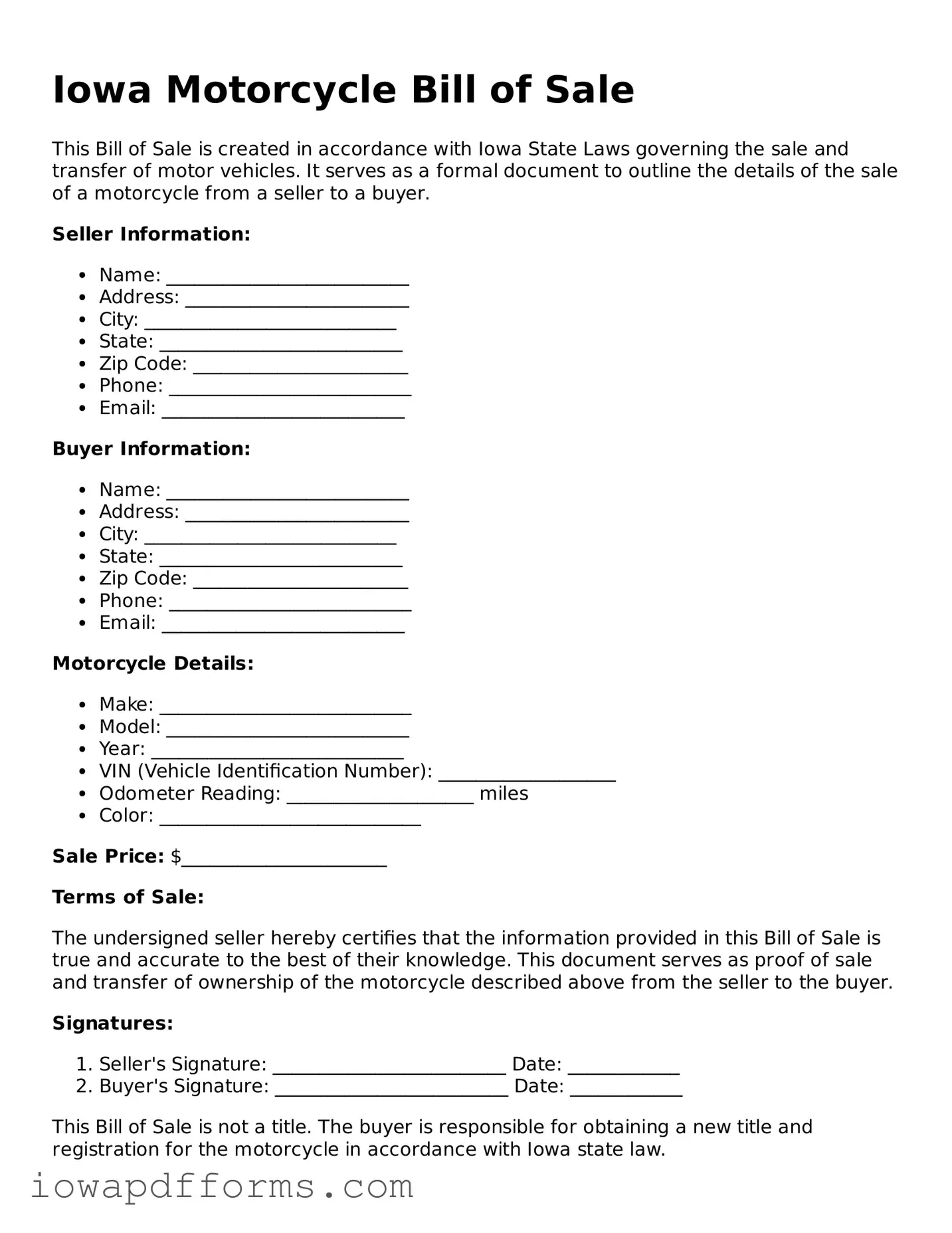 Blank Motorcycle Bill of Sale Form for the State of Iowa