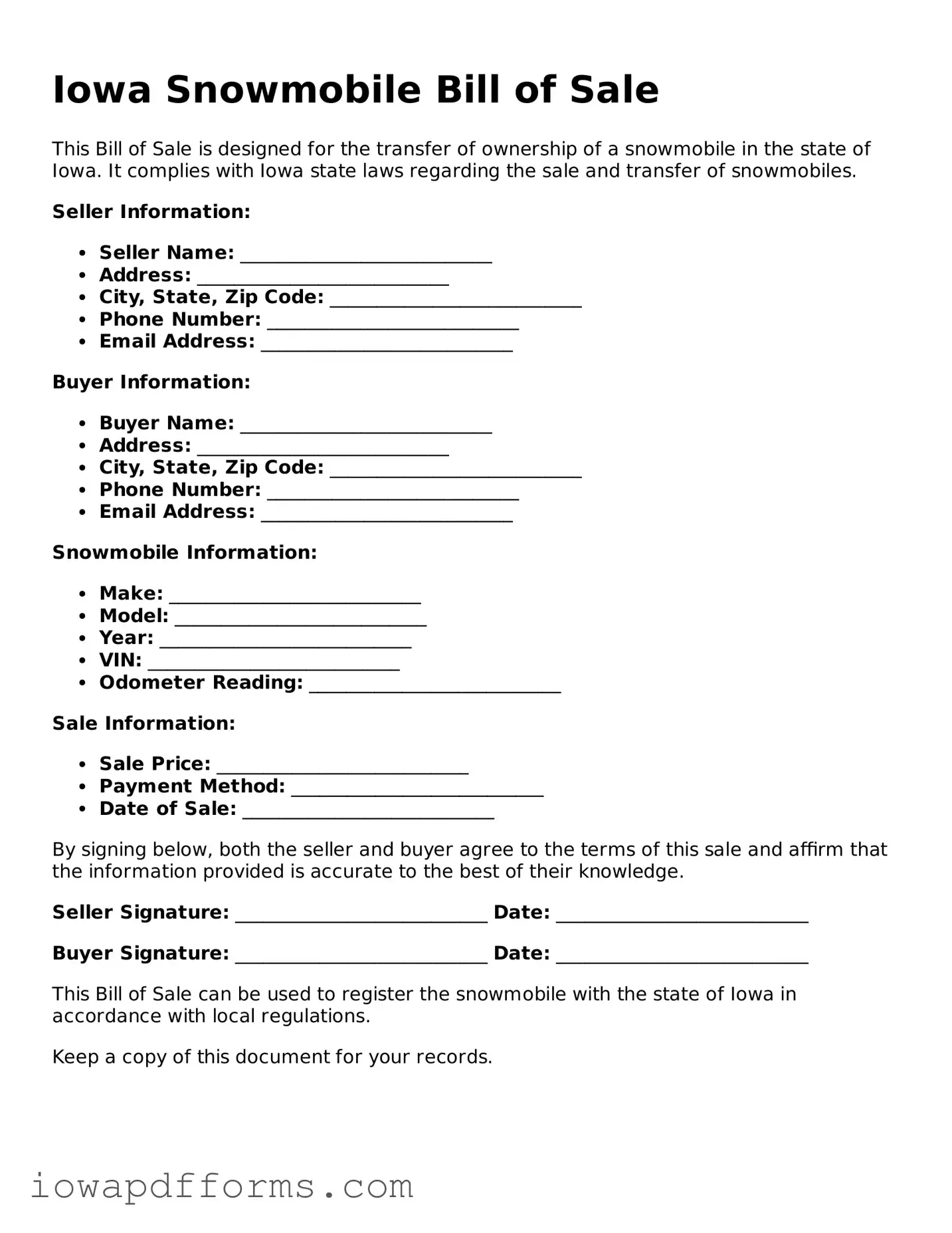 Blank Snowmobile Bill of Sale Form for the State of Iowa