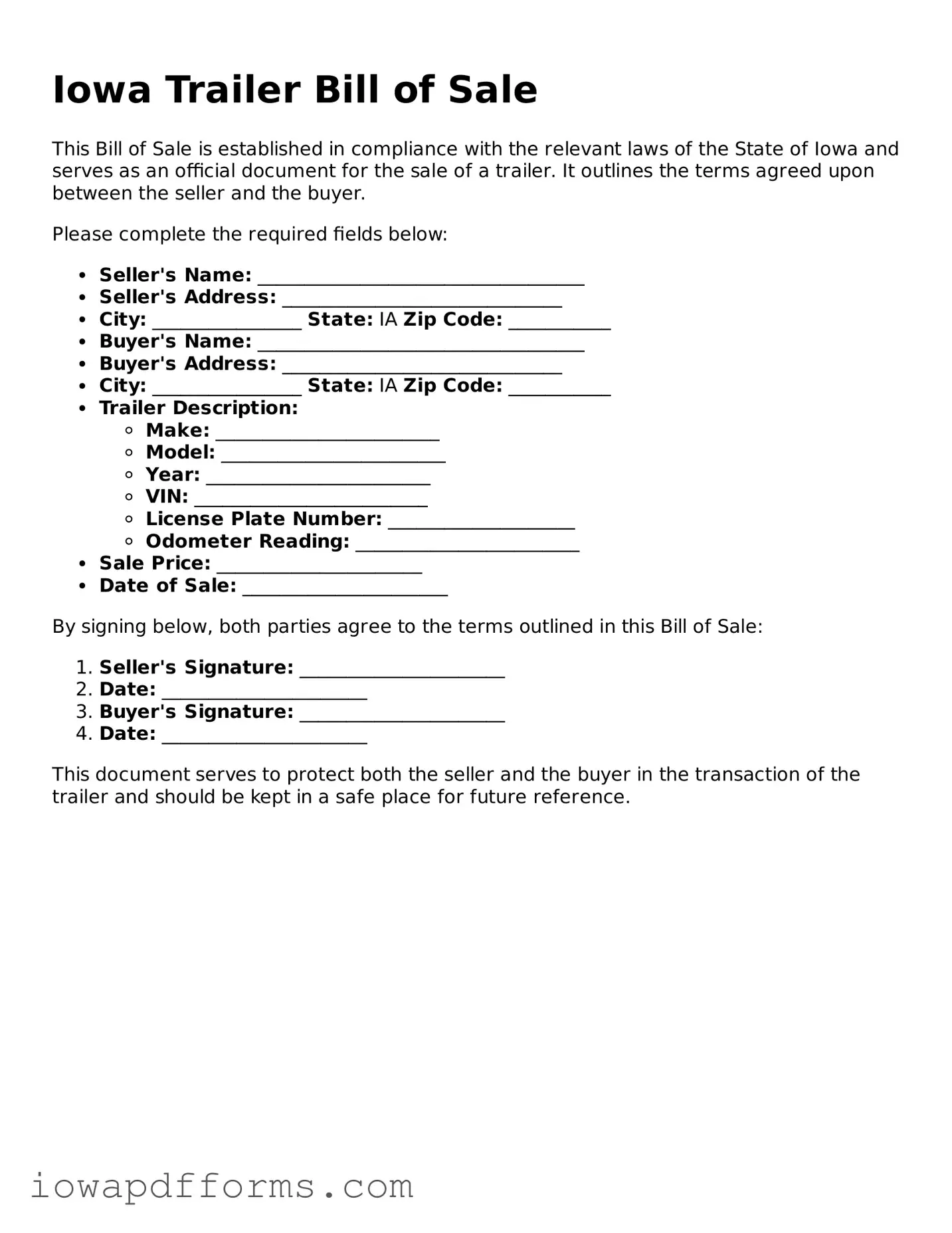Blank Trailer Bill of Sale Form for the State of Iowa