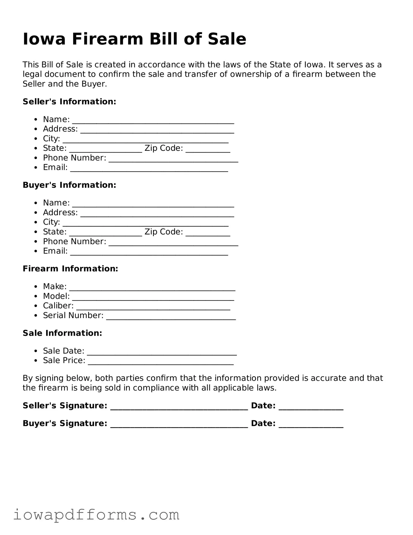 Blank Firearm Bill of Sale Form for the State of Iowa