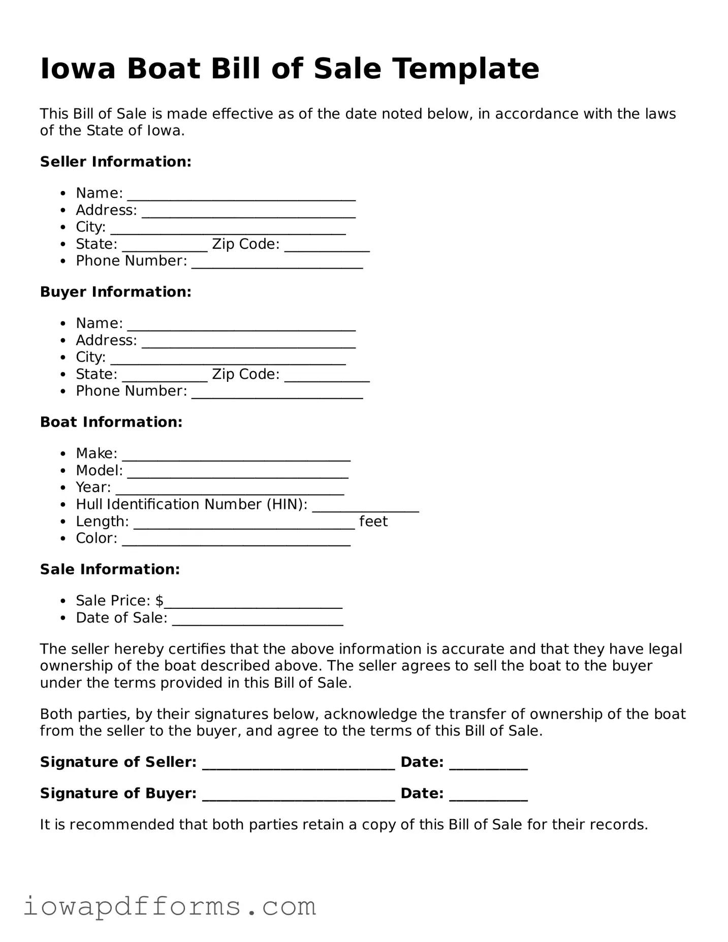 Blank Boat Bill of Sale Form for the State of Iowa