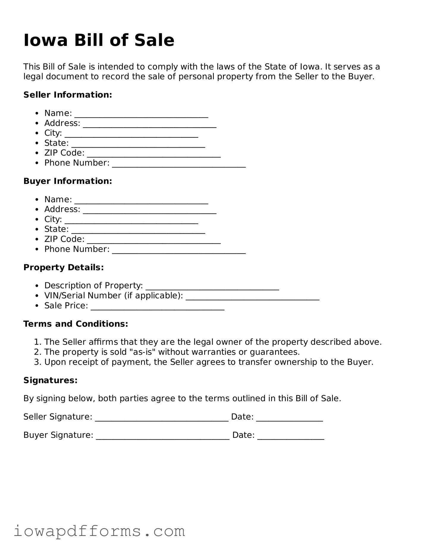Blank Bill of Sale Form for the State of Iowa