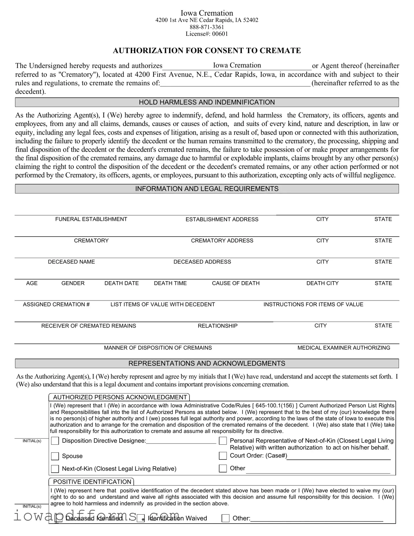 Fill in Your Iowa Cremation Authorization Template