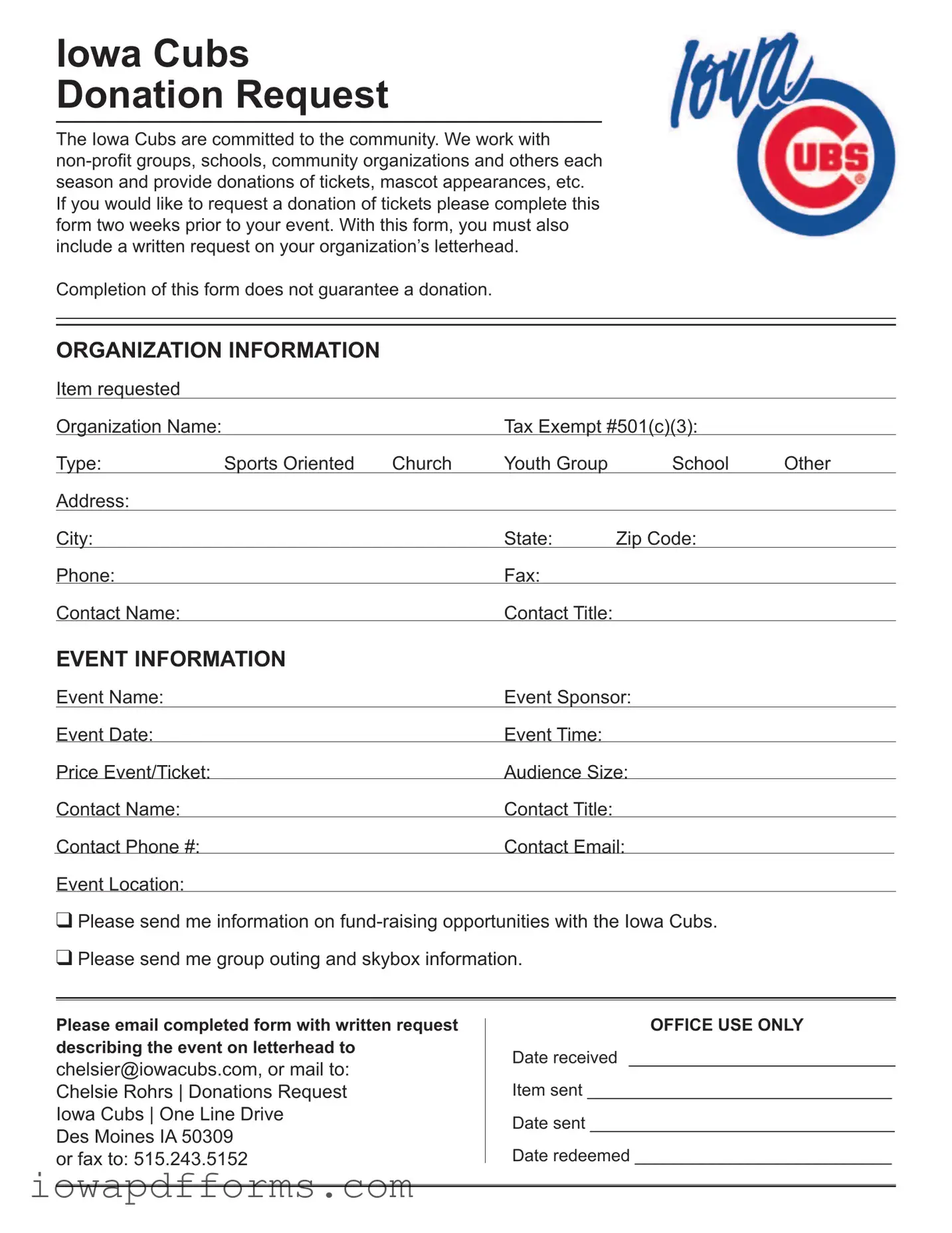 Fill in Your Iowa Cubs Donation Request Template