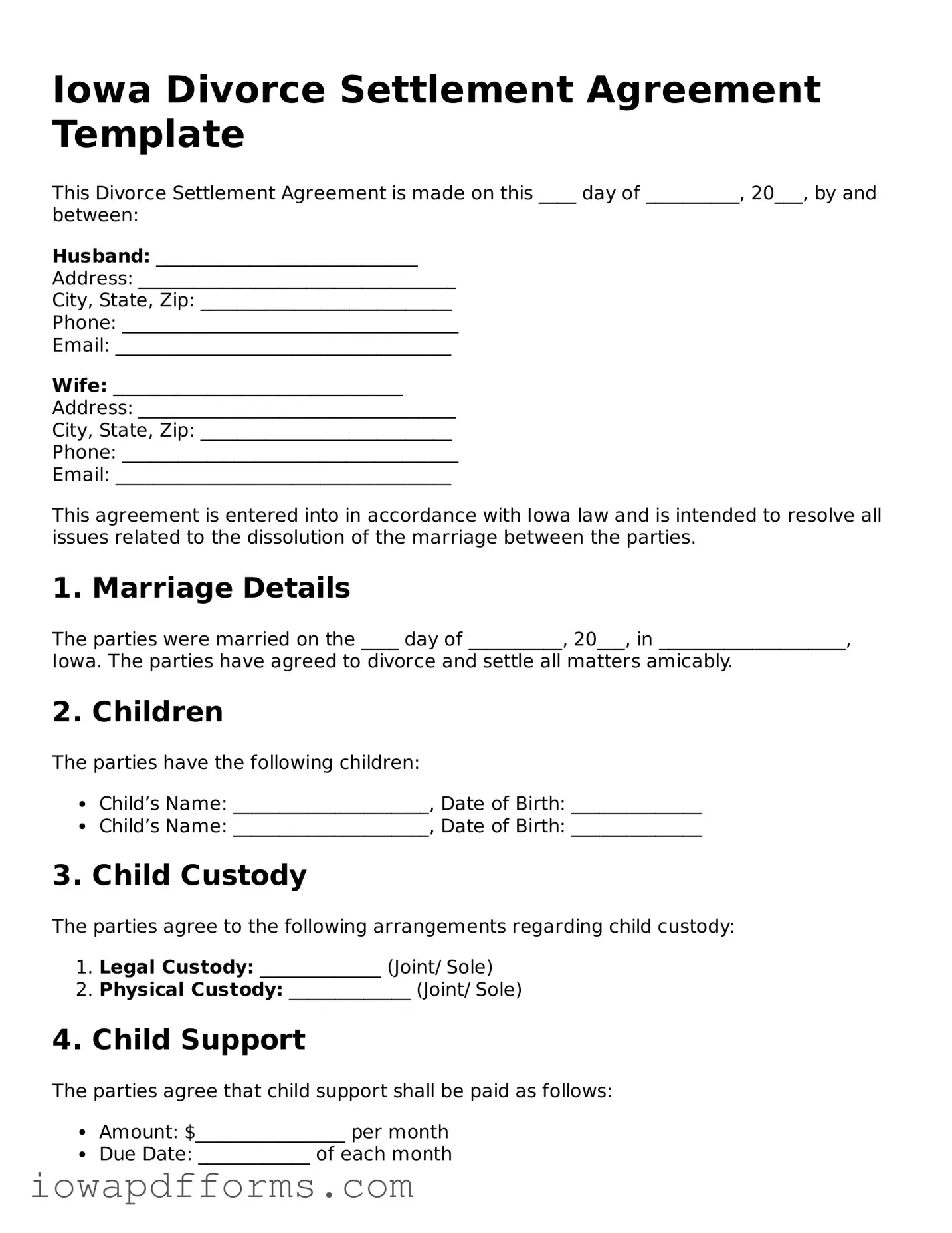 Blank Divorce Settlement Agreement Form for the State of Iowa