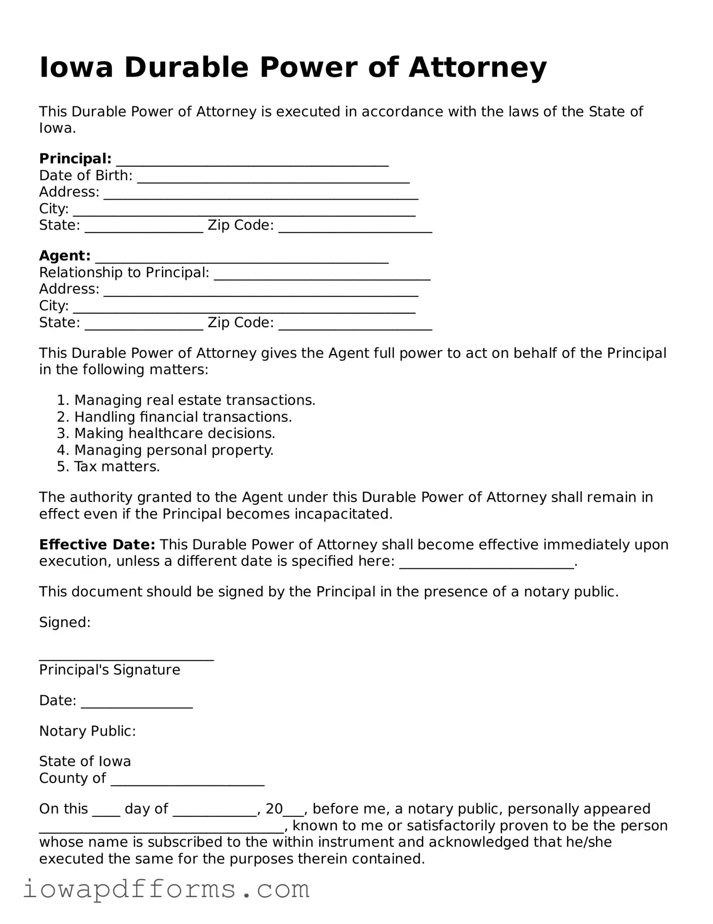 Blank Durable Power of Attorney Form for the State of Iowa