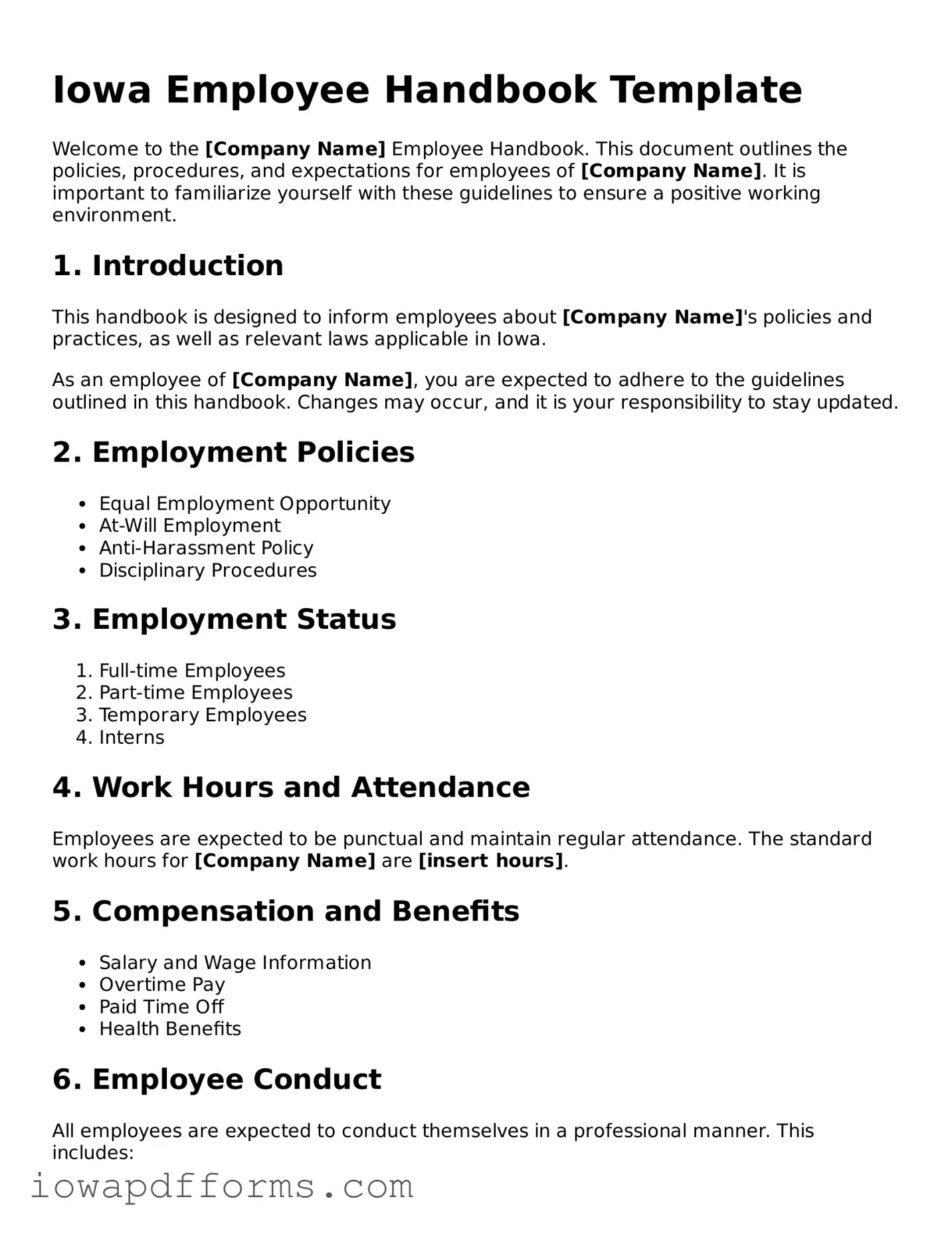 Blank Employee Handbook Form for the State of Iowa