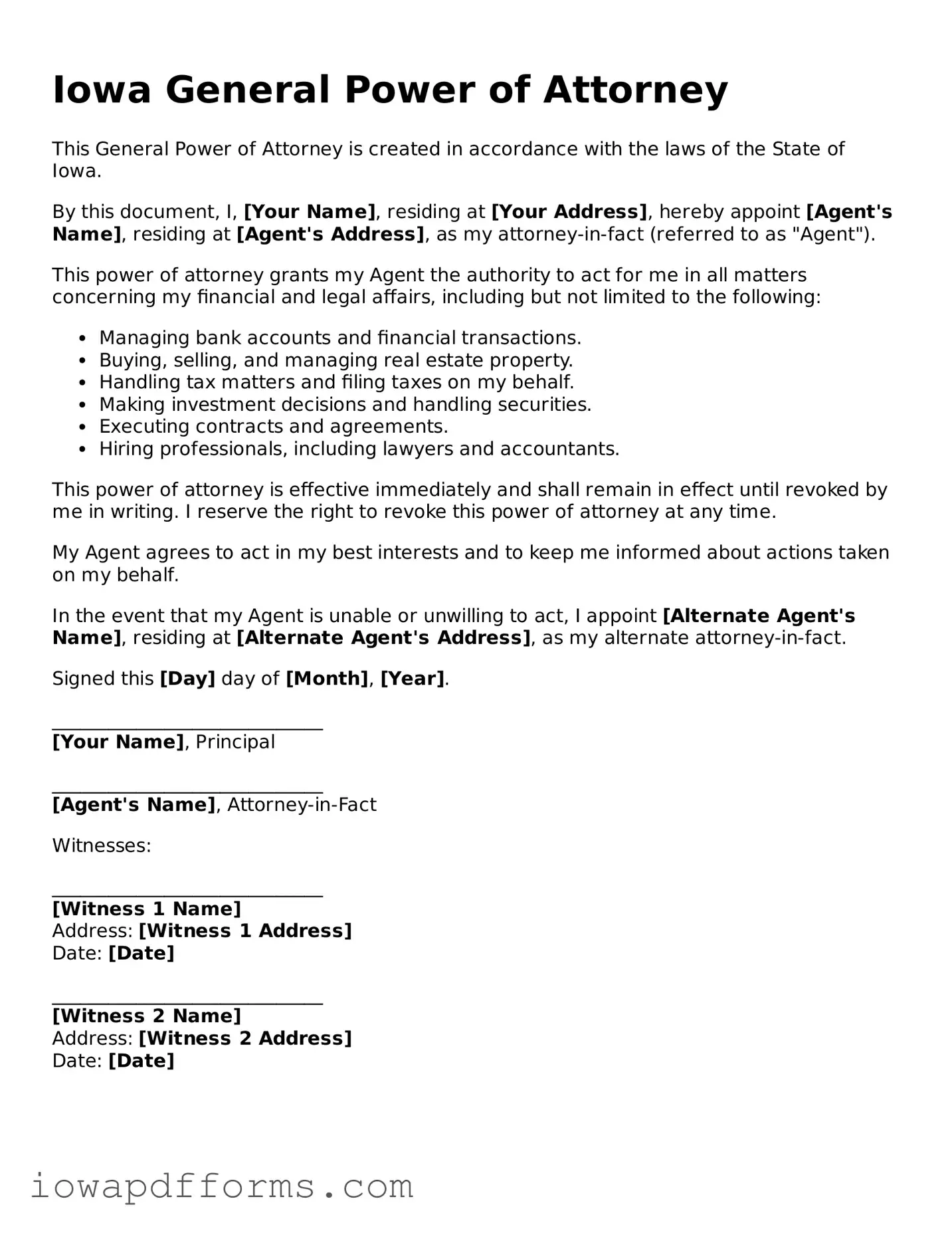 Blank General Power of Attorney Form for the State of Iowa