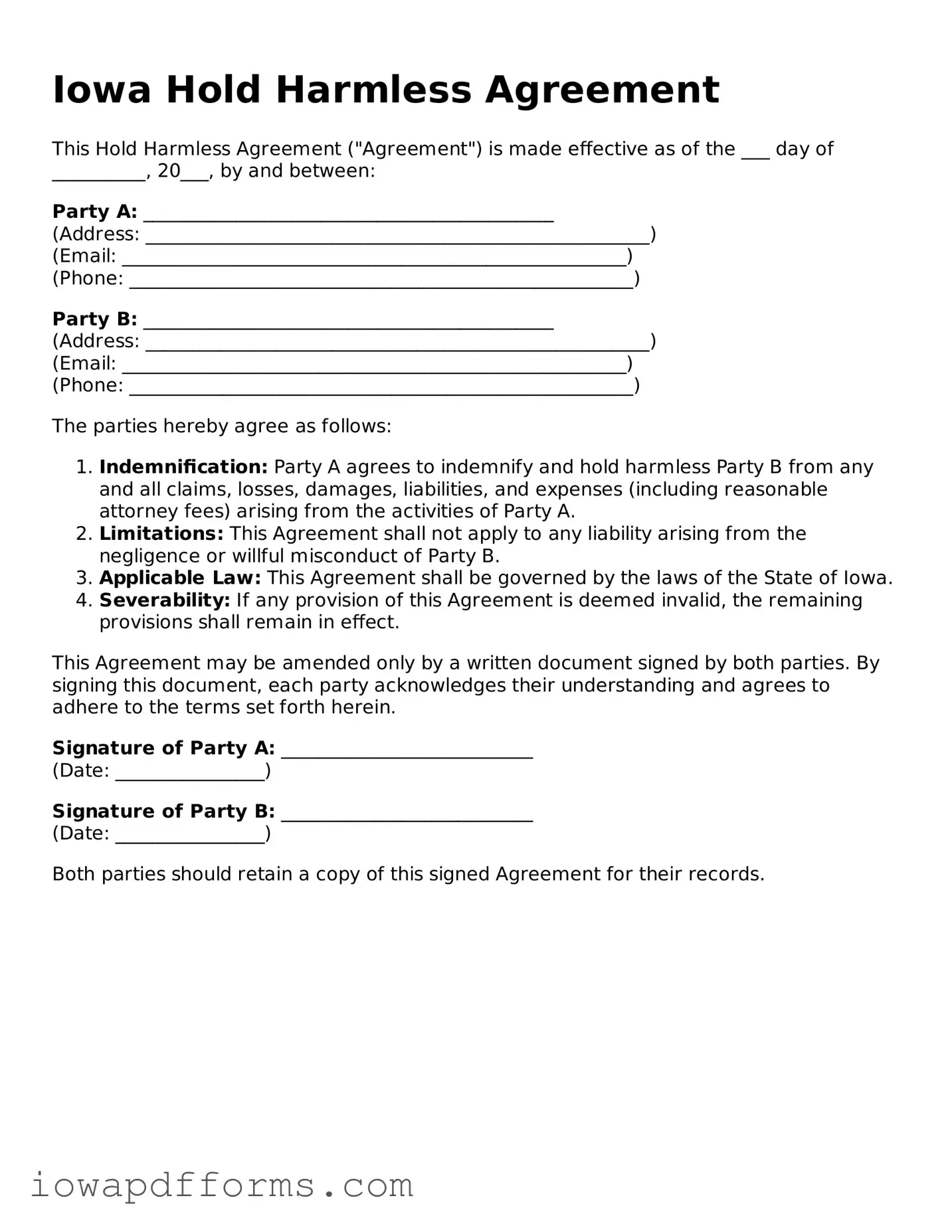Blank Hold Harmless Agreement Form for the State of Iowa