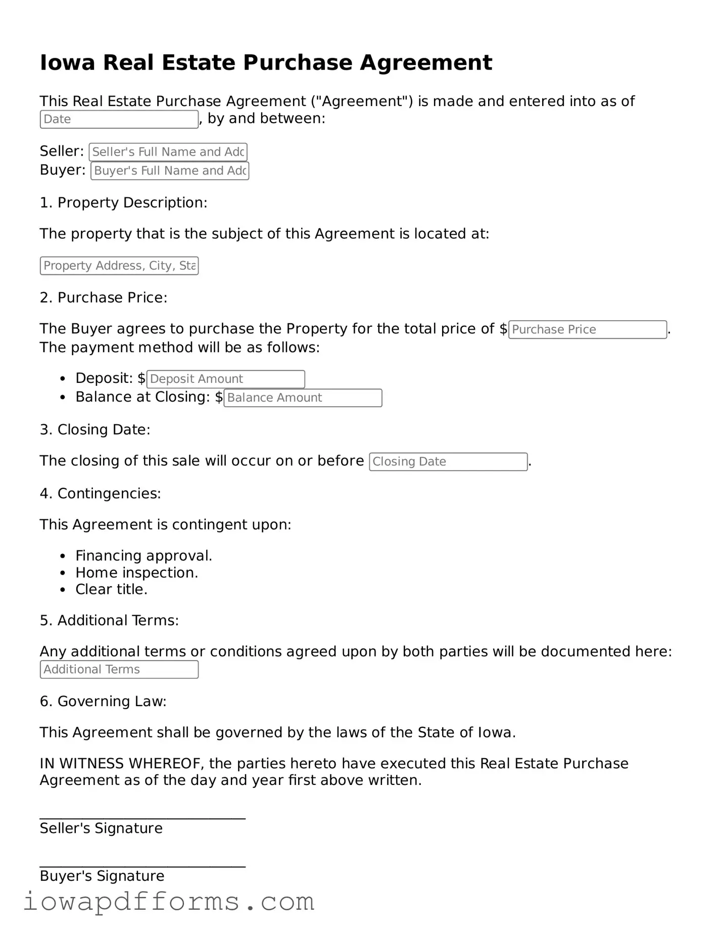 Blank Real Estate Purchase Agreement Form for the State of Iowa
