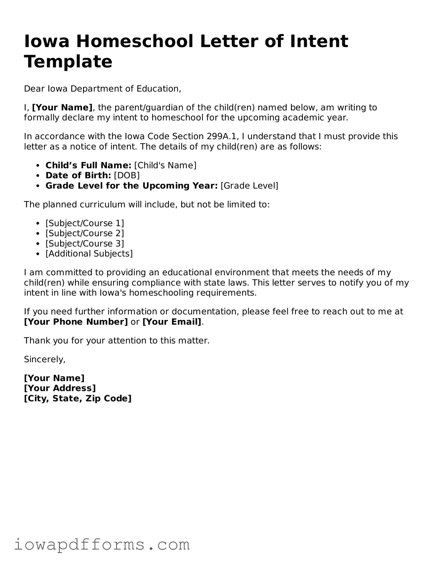 Blank Homeschool Letter of Intent Form for the State of Iowa