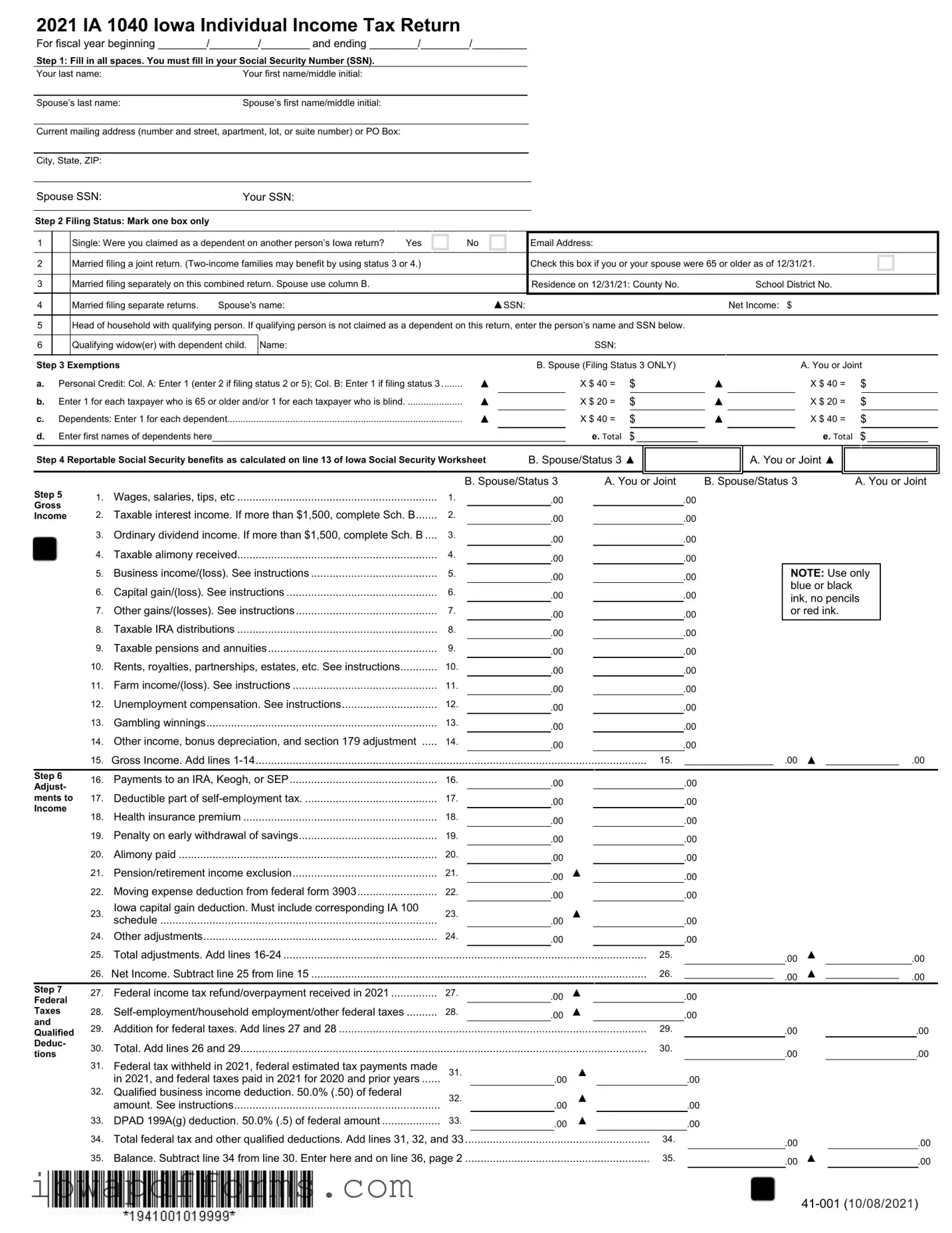 Fill in Your Iowa Income Tax Template