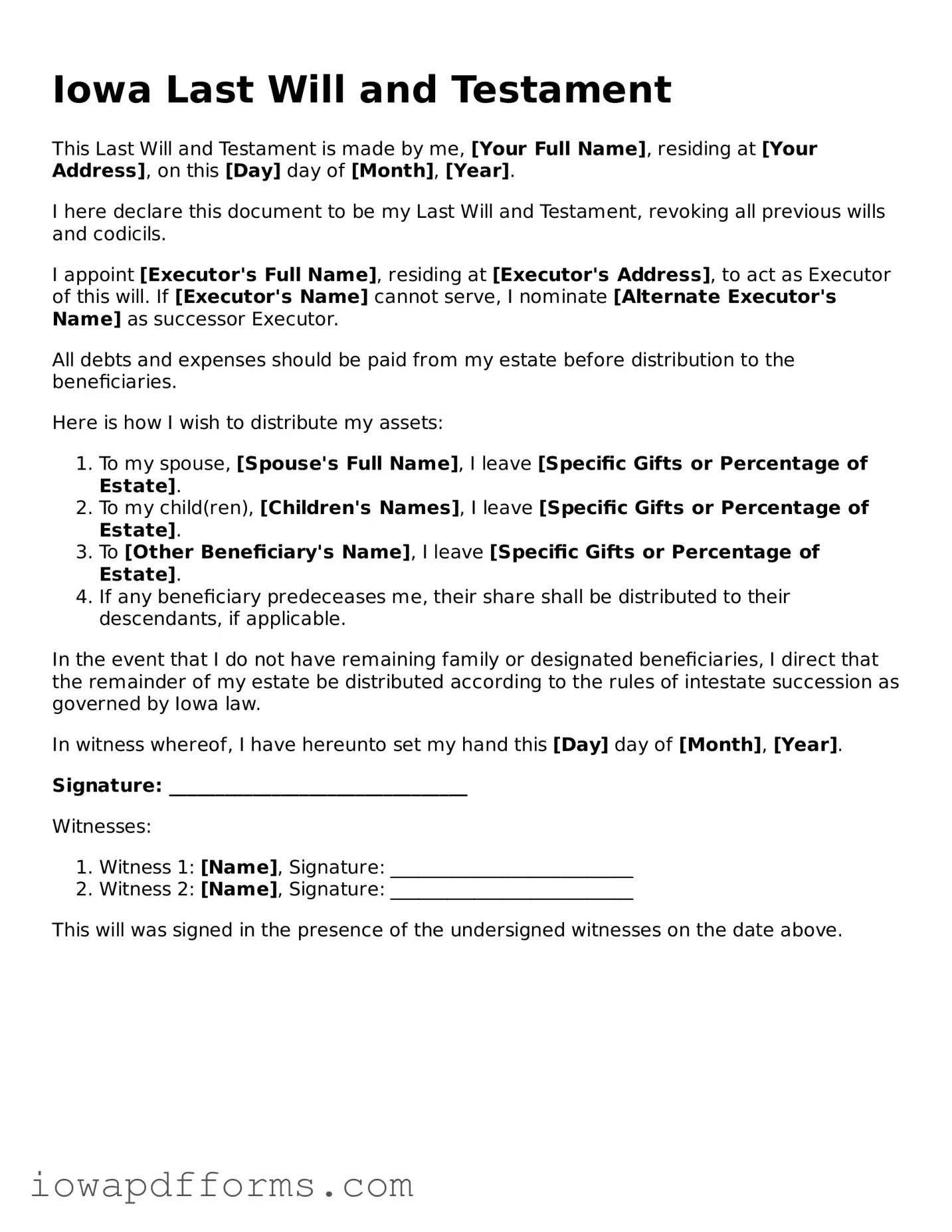Blank Last Will and Testament Form for the State of Iowa