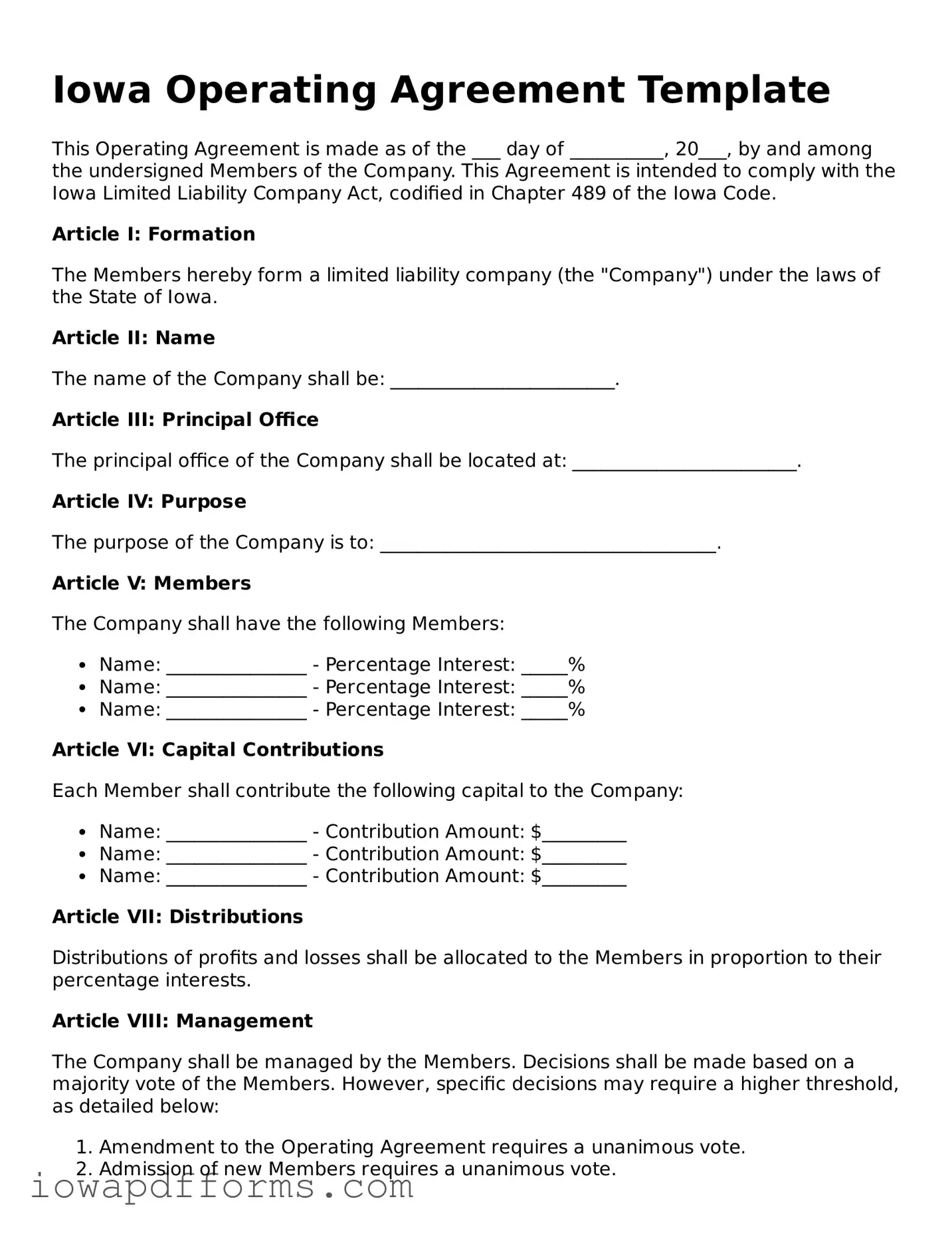 Blank Operating Agreement Form for the State of Iowa