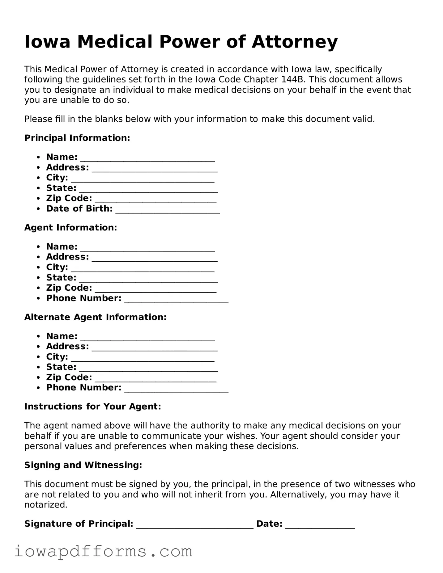 Blank Medical Power of Attorney Form for the State of Iowa
