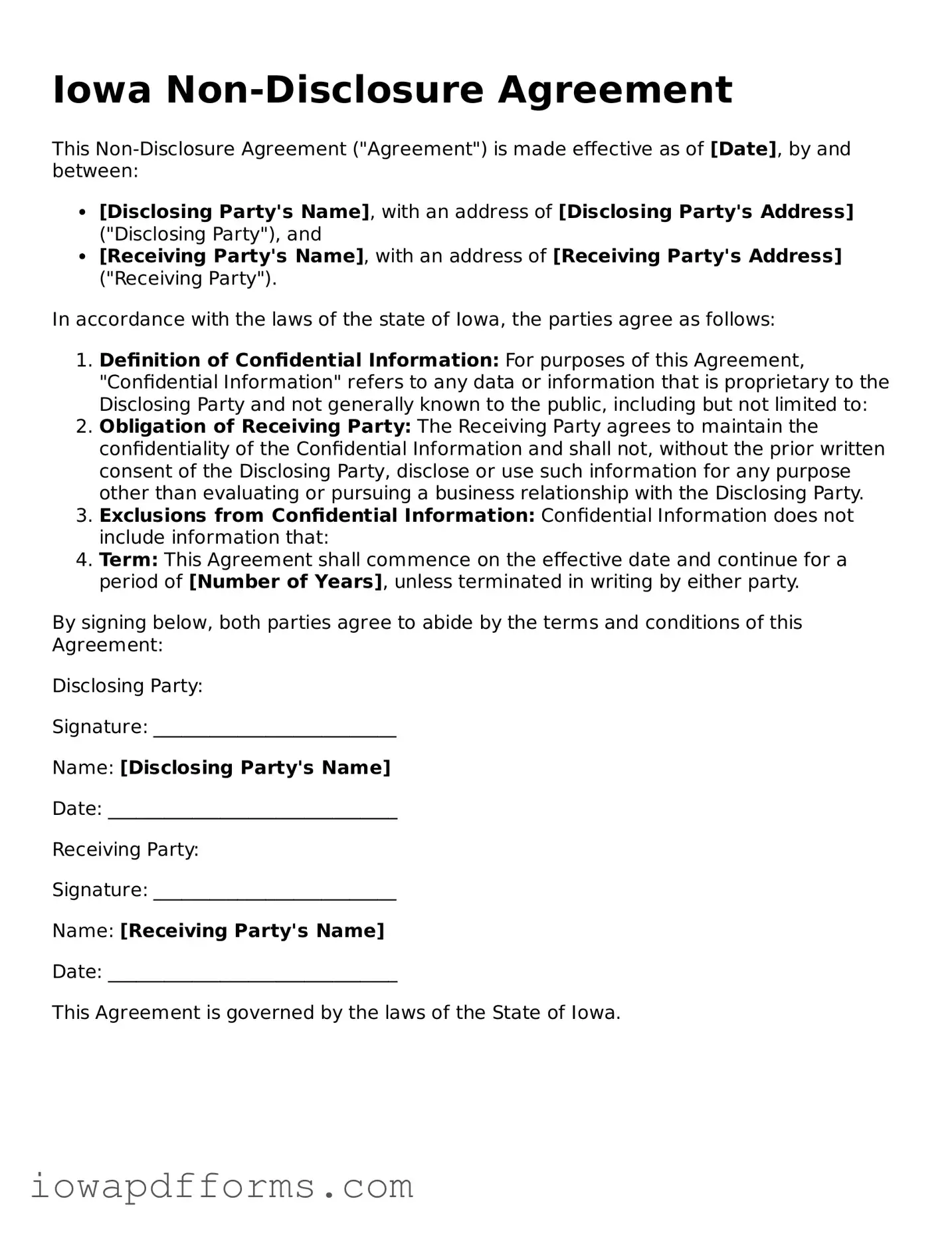 Blank Non-disclosure Agreement Form for the State of Iowa