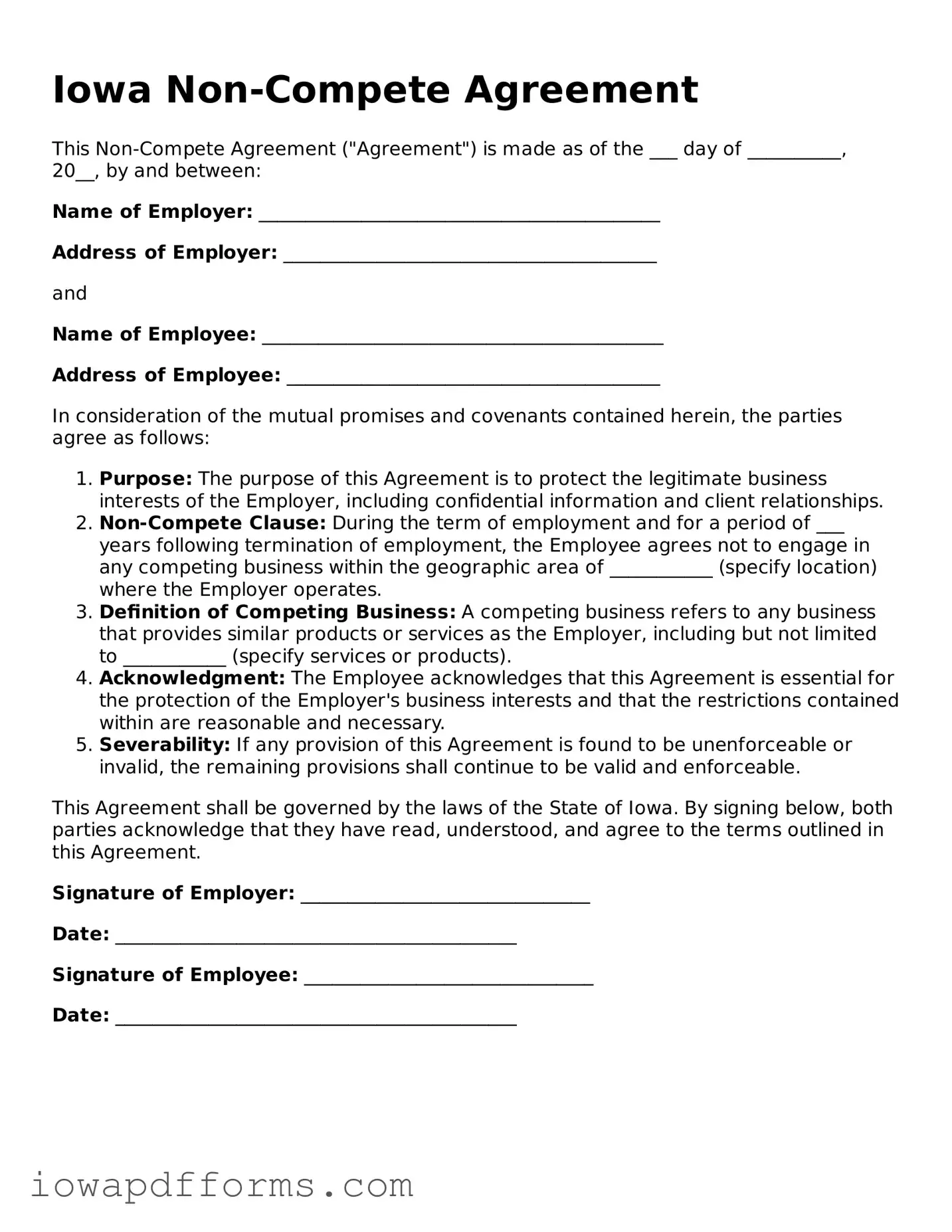 Blank Non-compete Agreement Form for the State of Iowa