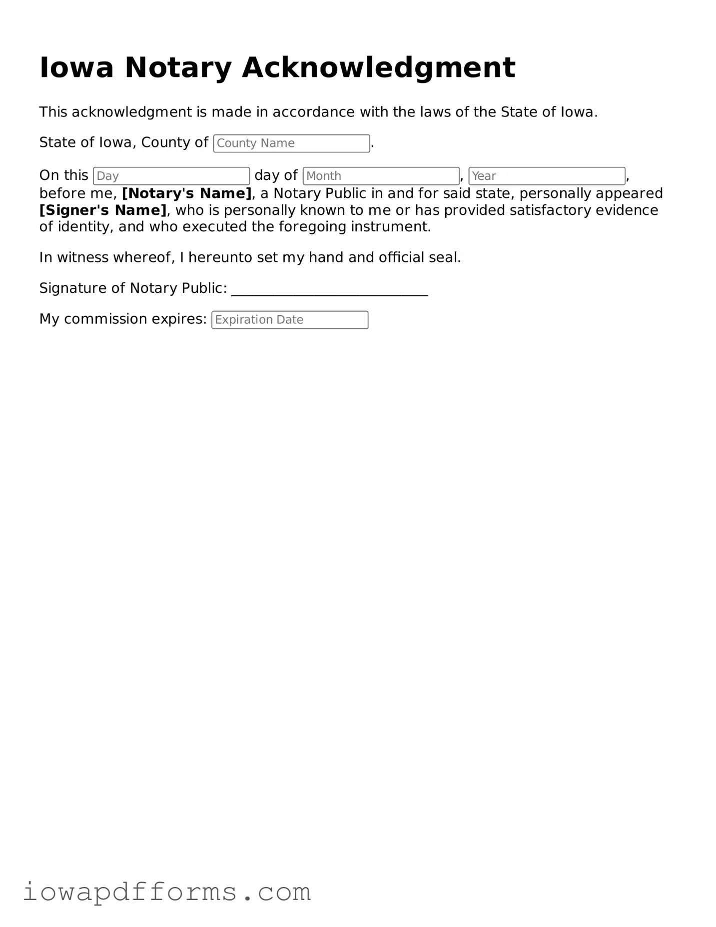 Blank Notary Acknowledgement Form for the State of Iowa