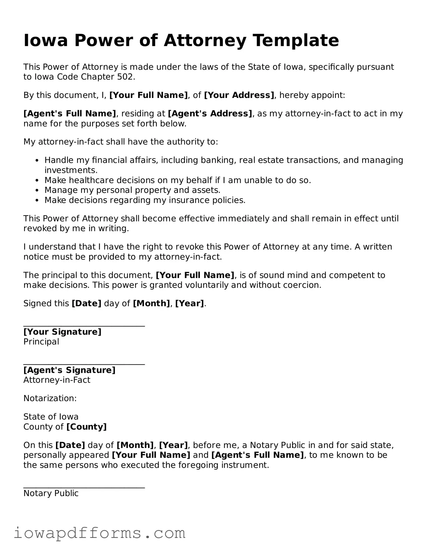 Blank Power of Attorney Form for the State of Iowa
