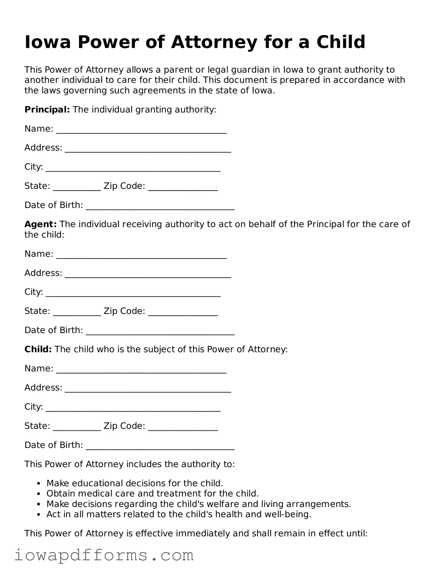 Blank Power of Attorney for a Child Form for the State of Iowa