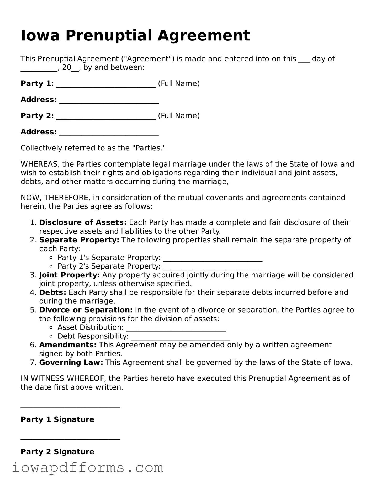 Blank Prenuptial Agreement Form for the State of Iowa