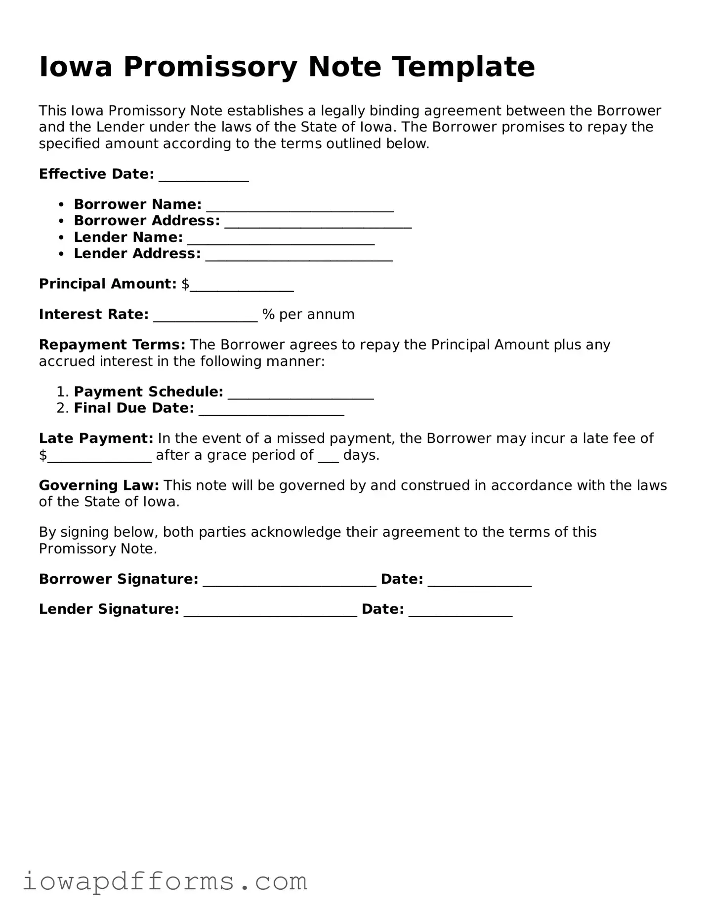 Blank Promissory Note Form for the State of Iowa