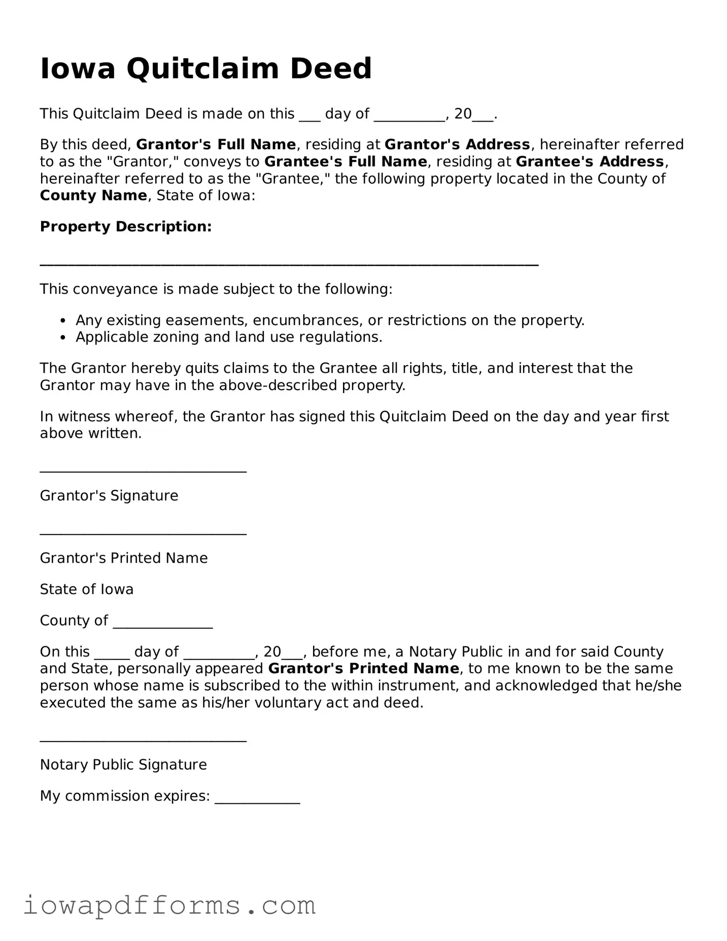 Blank Quitclaim Deed Form for the State of Iowa