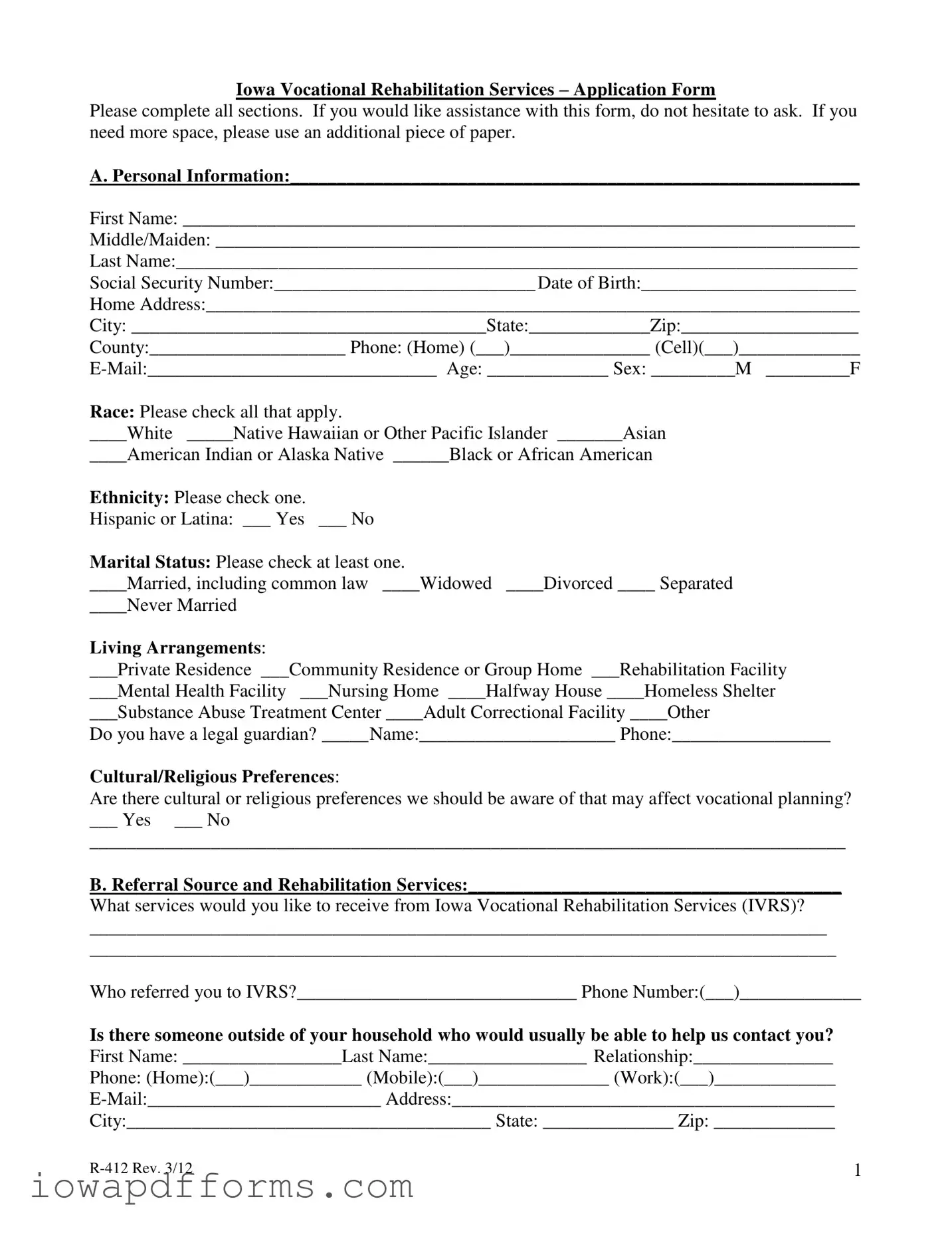 Fill in Your Iowa R 412 Template