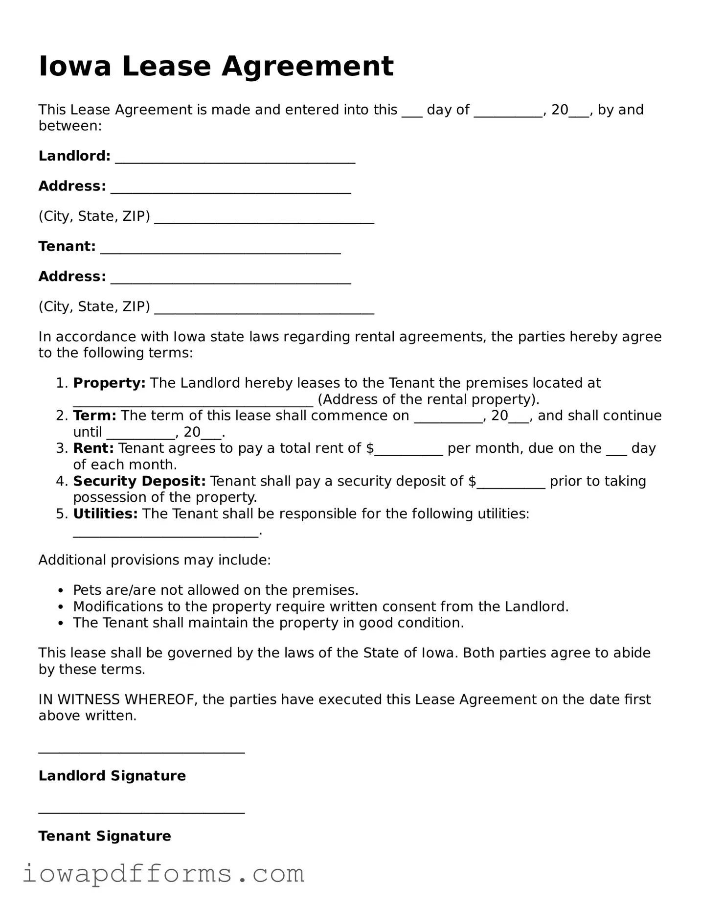 Blank Lease Agreement Form for the State of Iowa