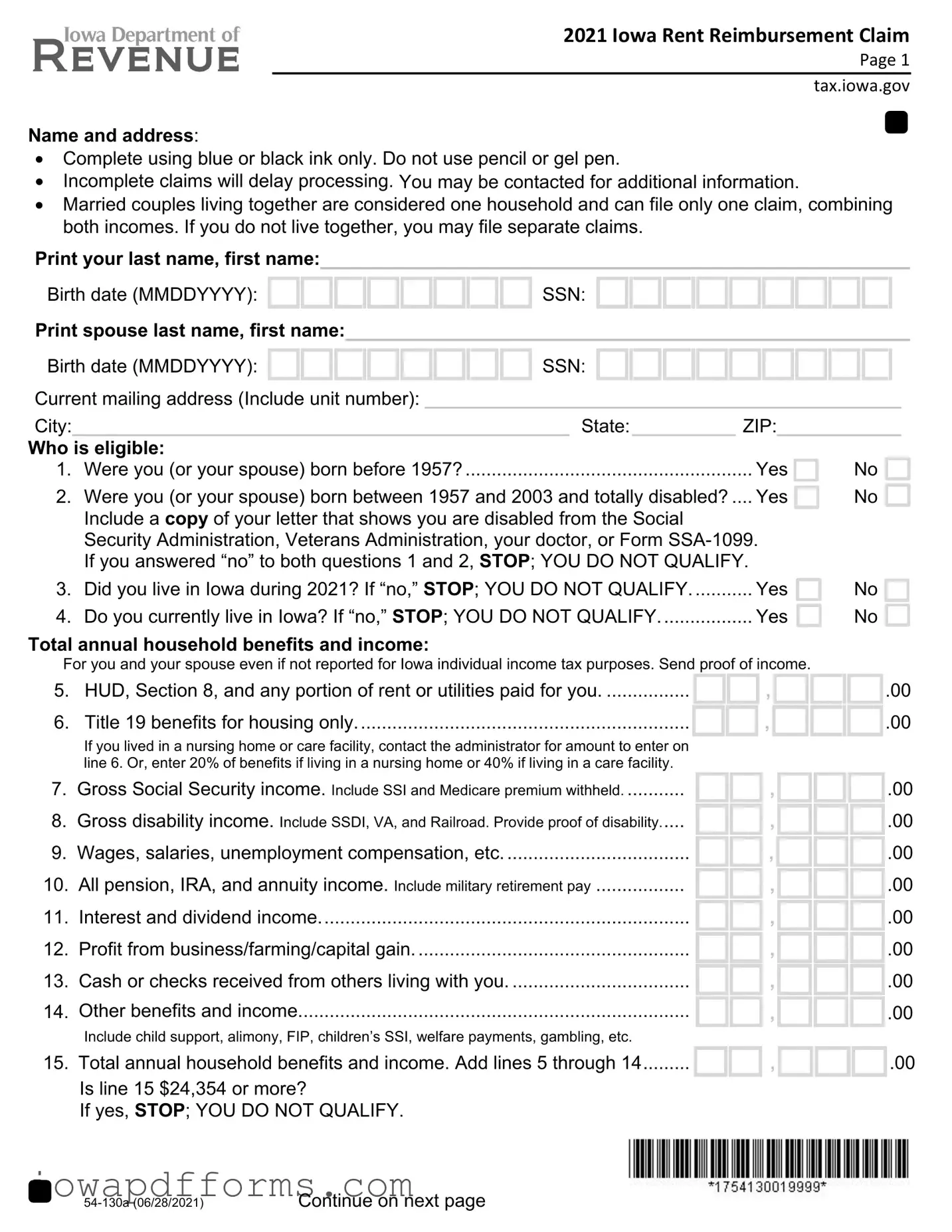 Fill in Your Iowa Renters Rebate Template