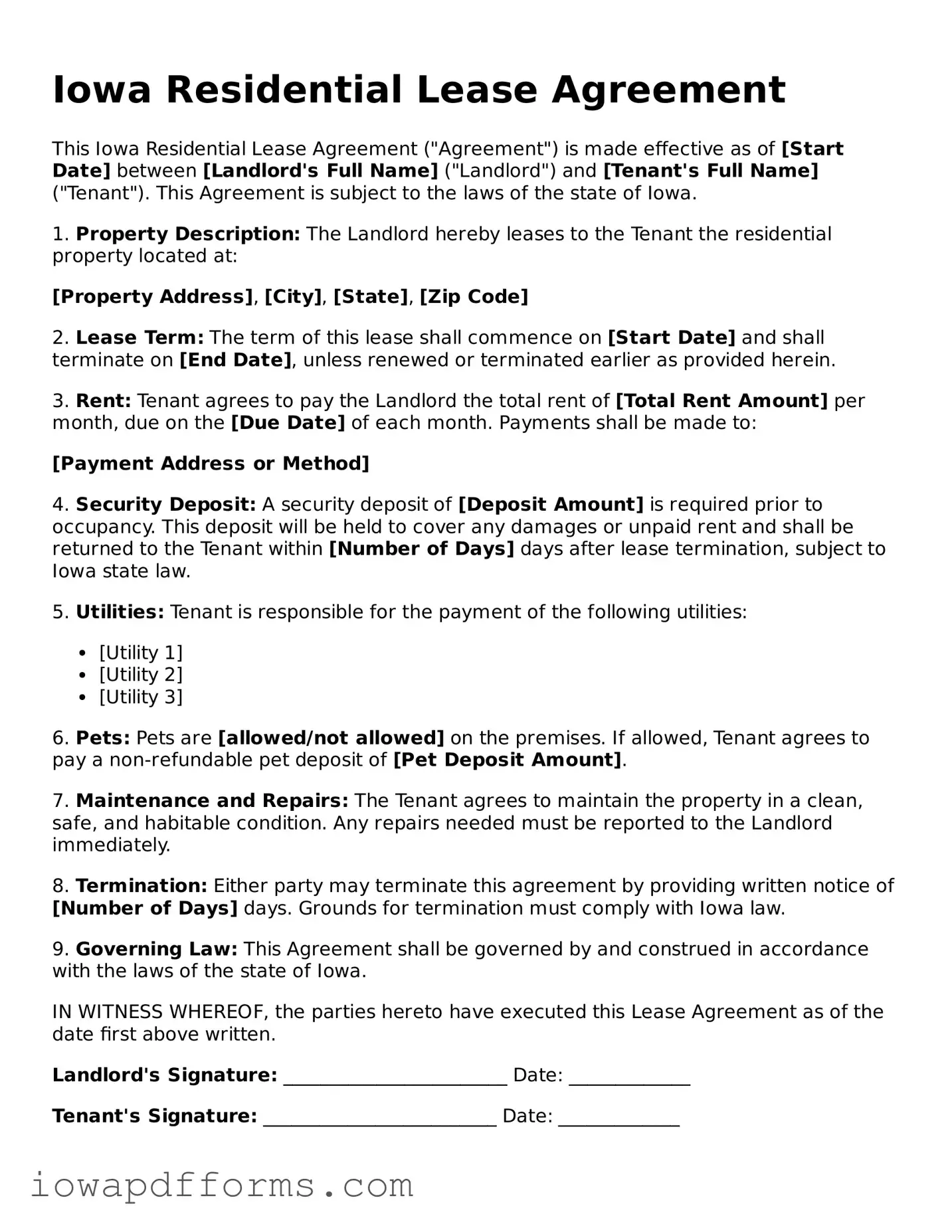 Blank Residential Lease Agreement Form for the State of Iowa