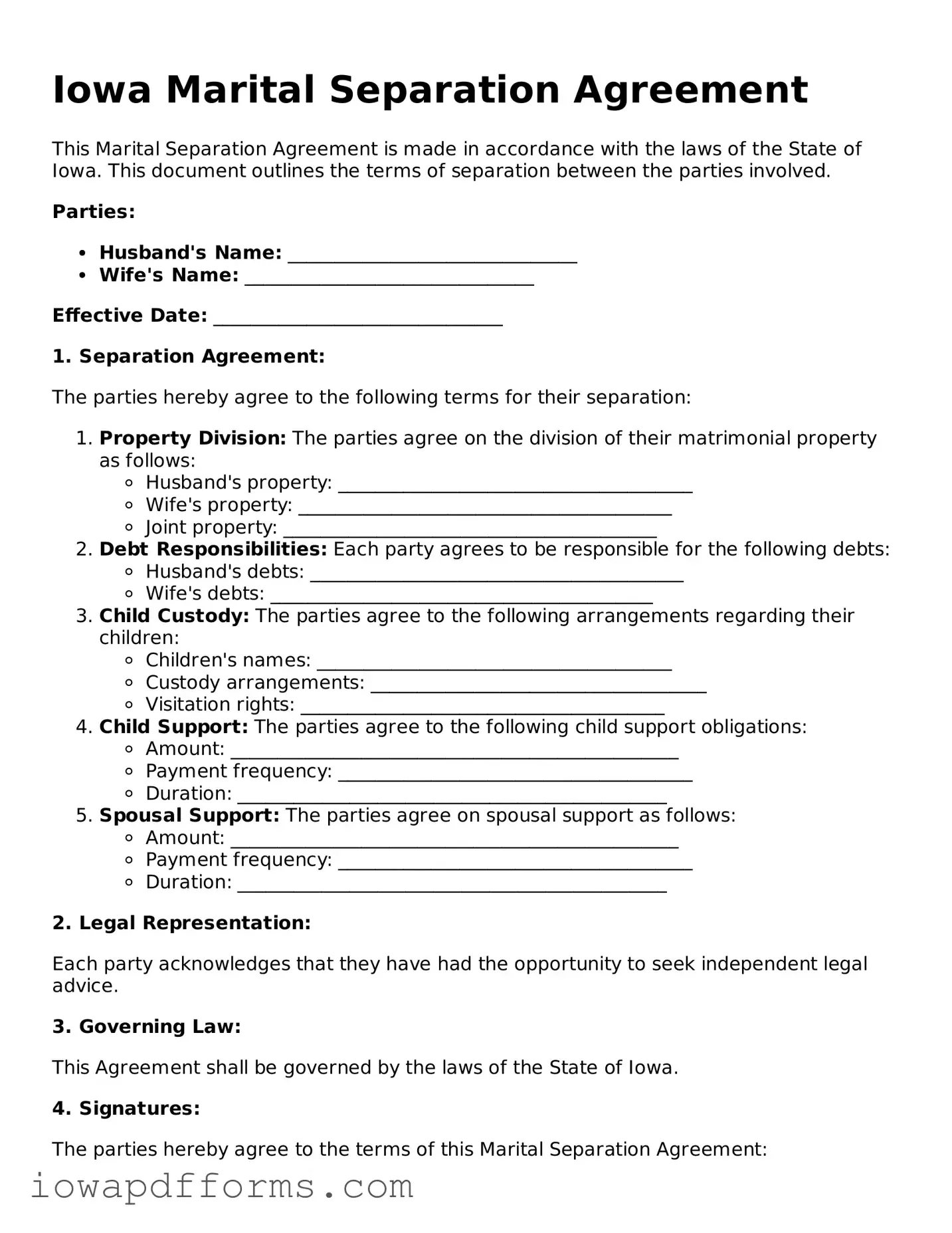 Blank Marital Separation Agreement Form for the State of Iowa