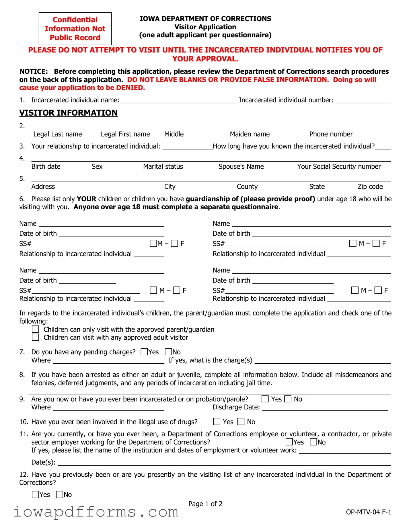 Fill in Your Iowa Visitor Application Template