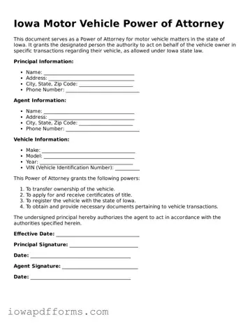 Blank Motor Vehicle Power of Attorney Form for the State of Iowa