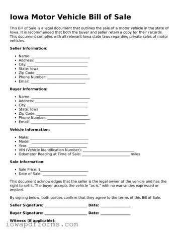 Blank Motor Vehicle Bill of Sale Form for the State of Iowa