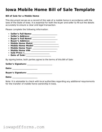 Blank Mobile Home Bill of Sale Form for the State of Iowa