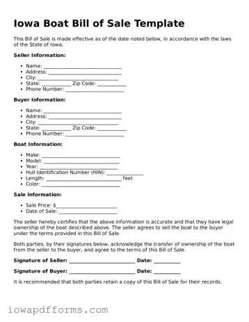 Blank Boat Bill of Sale Form for the State of Iowa