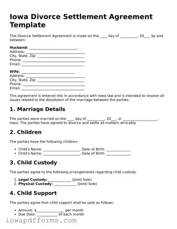 Blank Divorce Settlement Agreement Form for the State of Iowa