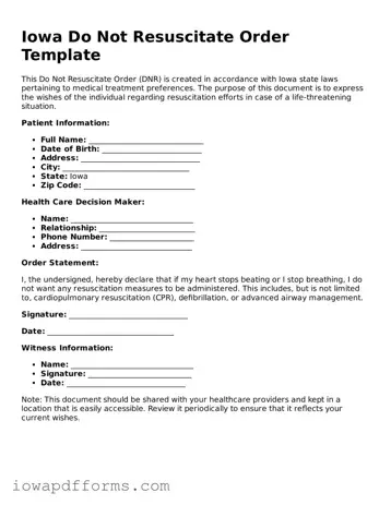 Blank Do Not Resuscitate Order Form for the State of Iowa